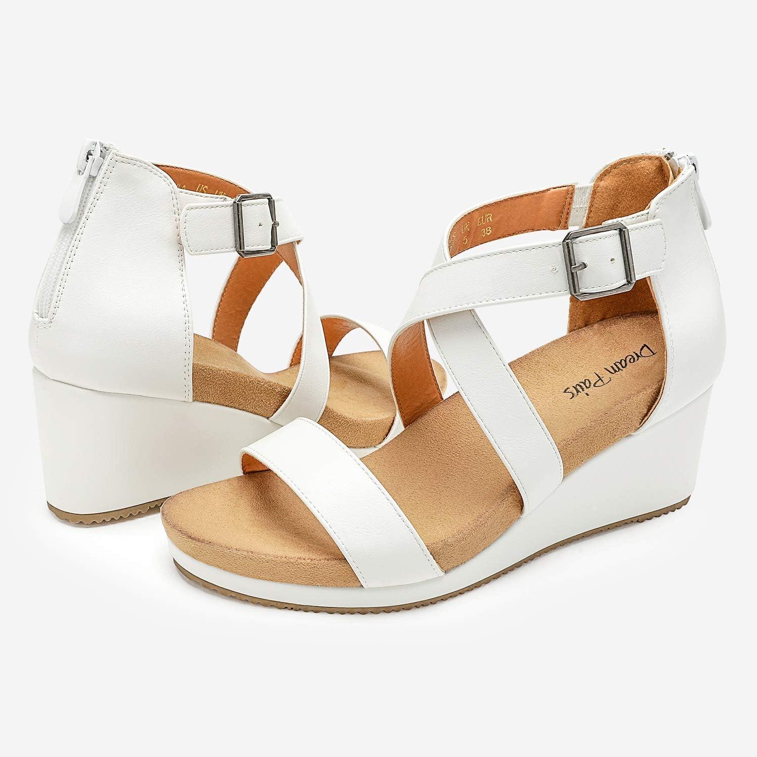 imageDREAM PAIRS Womens Open Toe Buckle Ankle Strap Summer Platform Wedge SandalsWhitePu