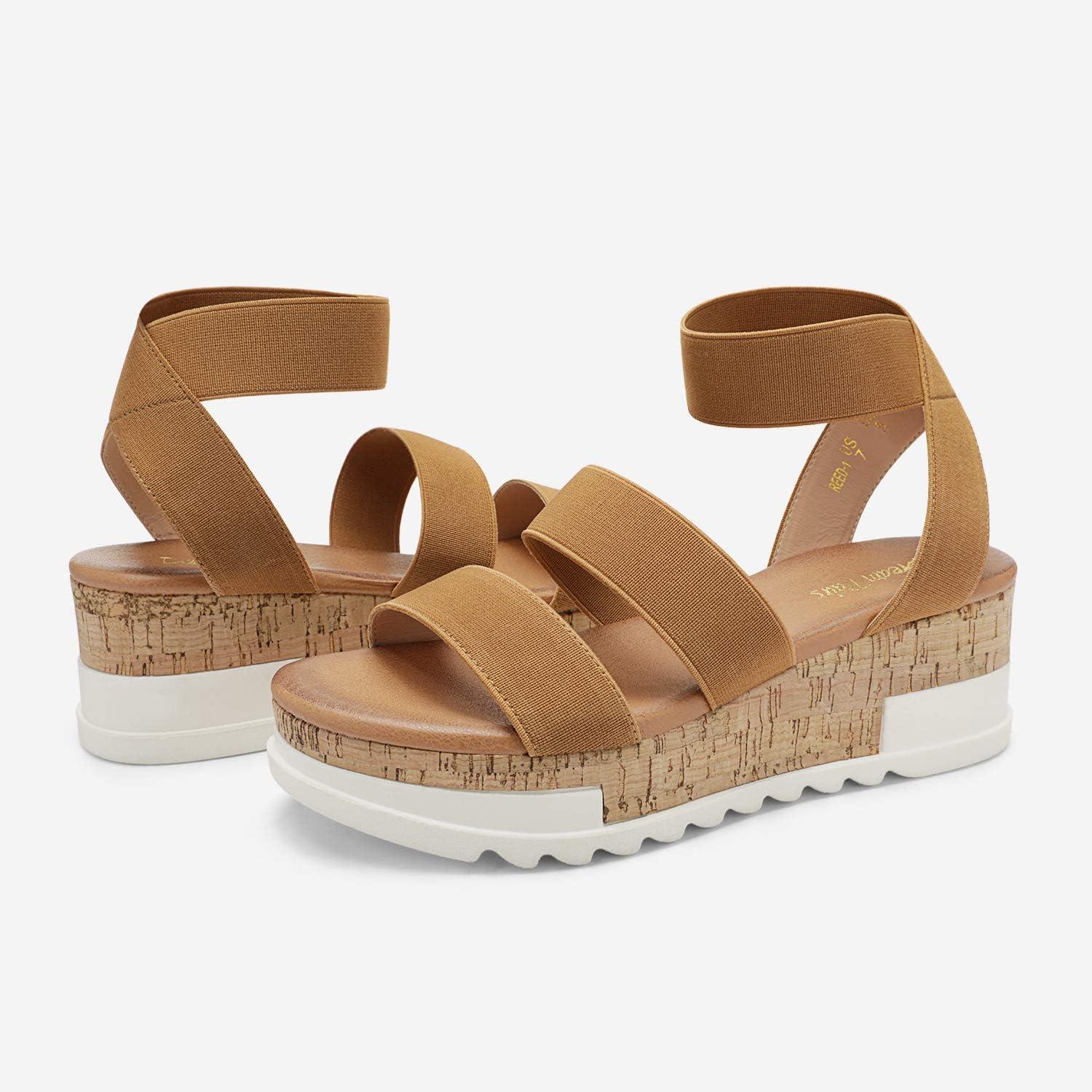 imageDREAM PAIRS Womens Open Toe Elastic Ankle Strap Casual Flatform Platform Wedges SandalsCamel
