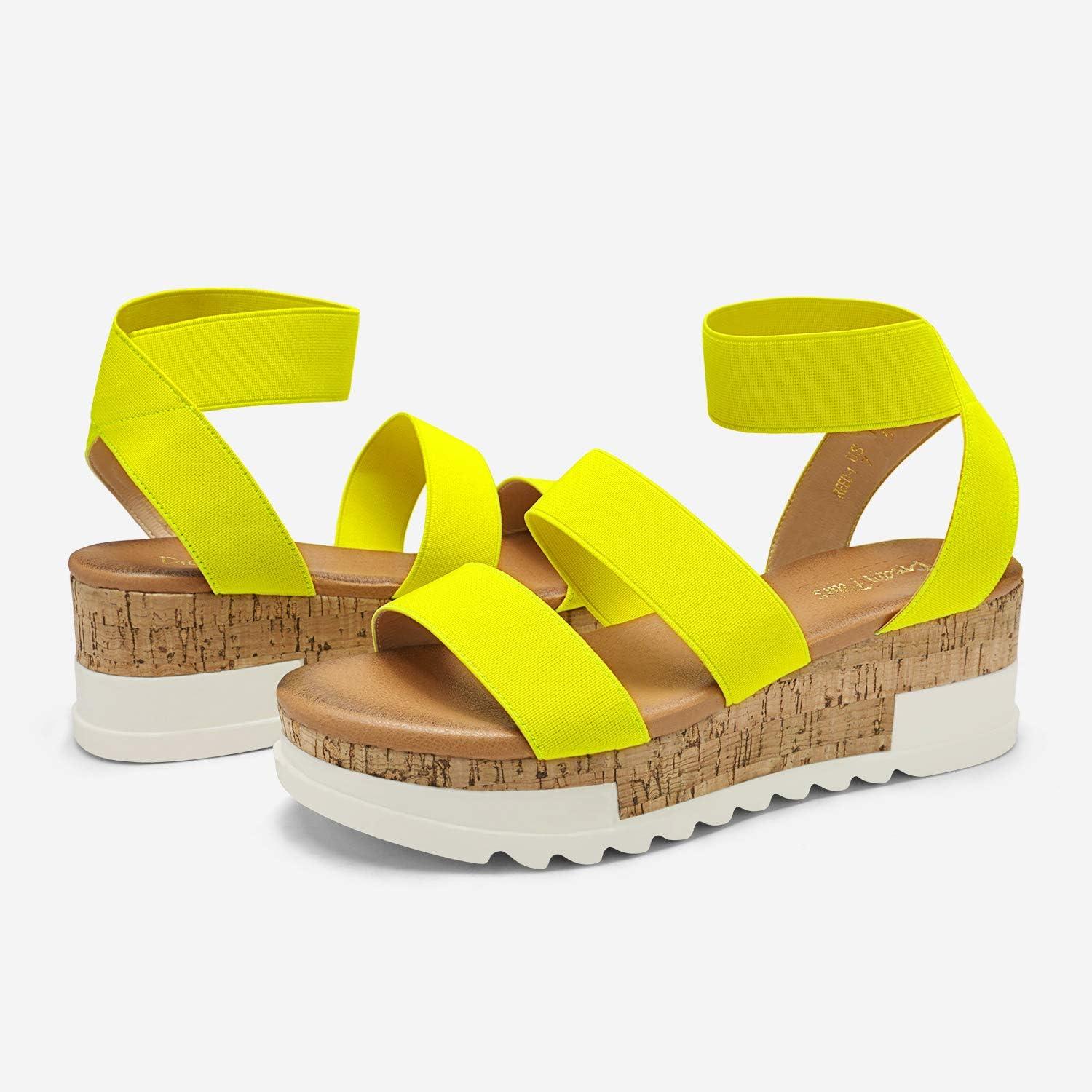 imageDREAM PAIRS Womens Open Toe Elastic Ankle Strap Casual Flatform Platform Wedges SandalsNeonLime