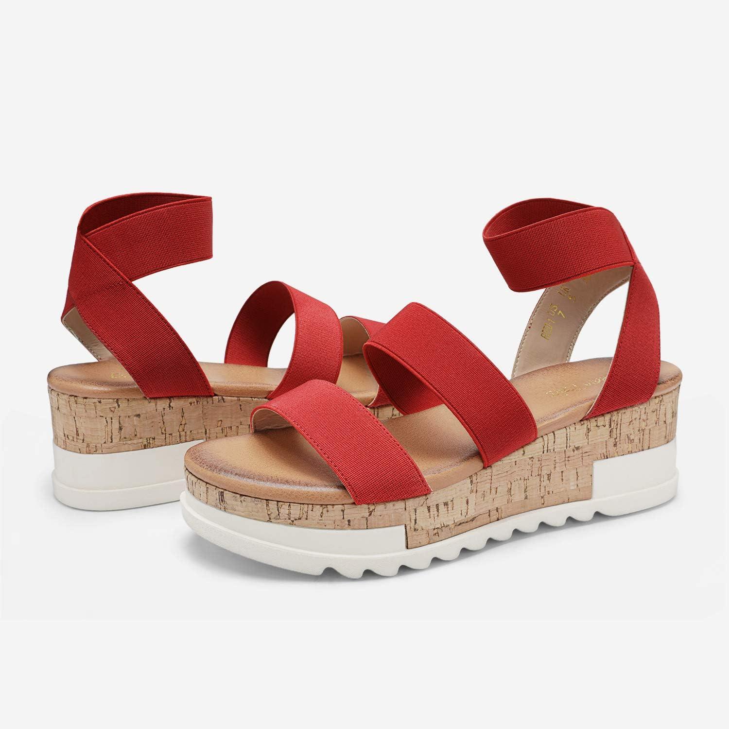 imageDREAM PAIRS Womens Open Toe Elastic Ankle Strap Casual Flatform Platform Wedges SandalsRed