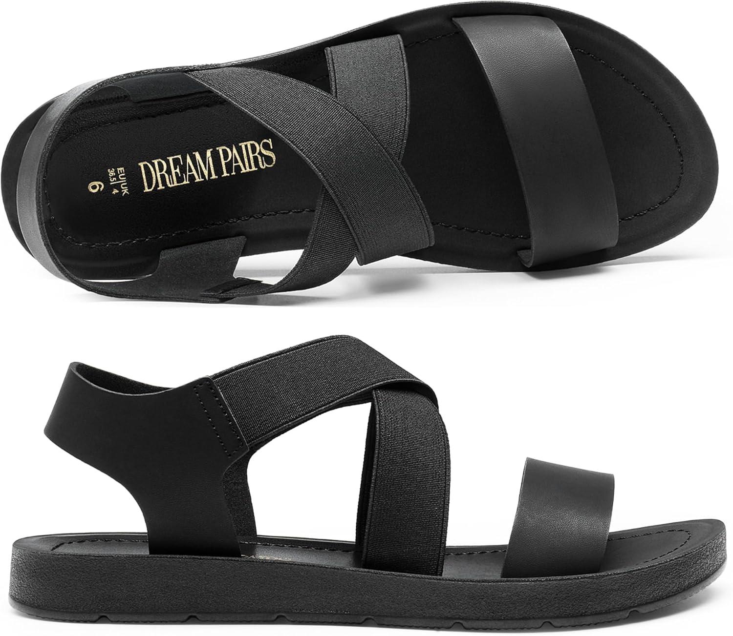 imageDREAM PAIRS Womens Open Toe Elastic Ankle Strap Flat Summer SandalsAll Blackelastic