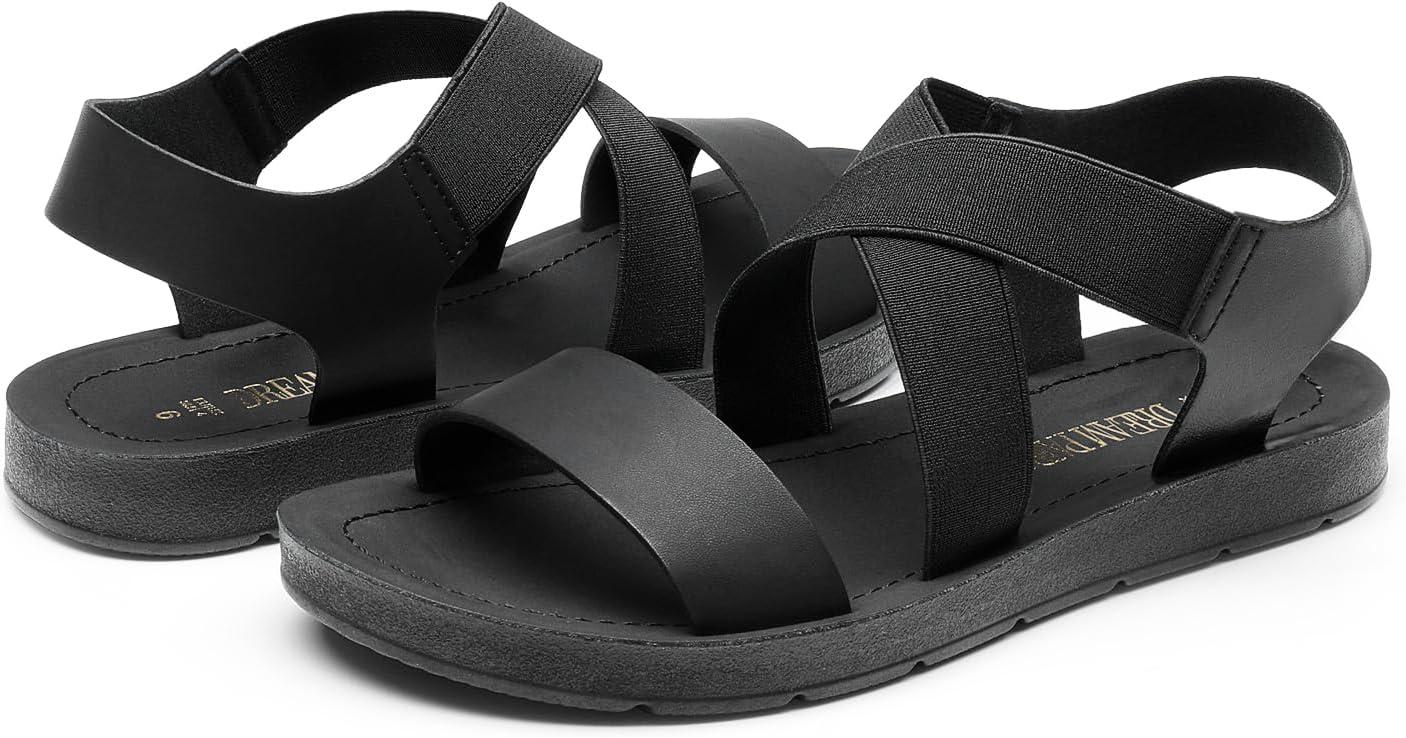 imageDREAM PAIRS Womens Open Toe Elastic Ankle Strap Flat Summer SandalsAll Blackelastic