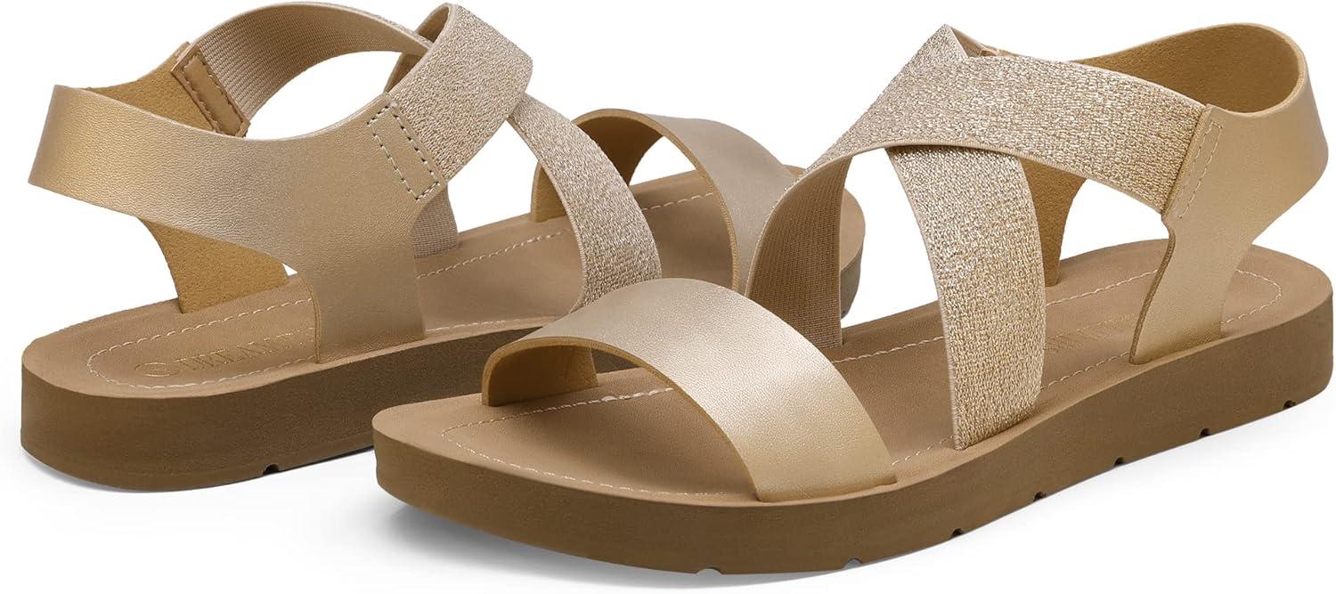 imageDREAM PAIRS Womens Open Toe Elastic Ankle Strap Flat Summer SandalsGold