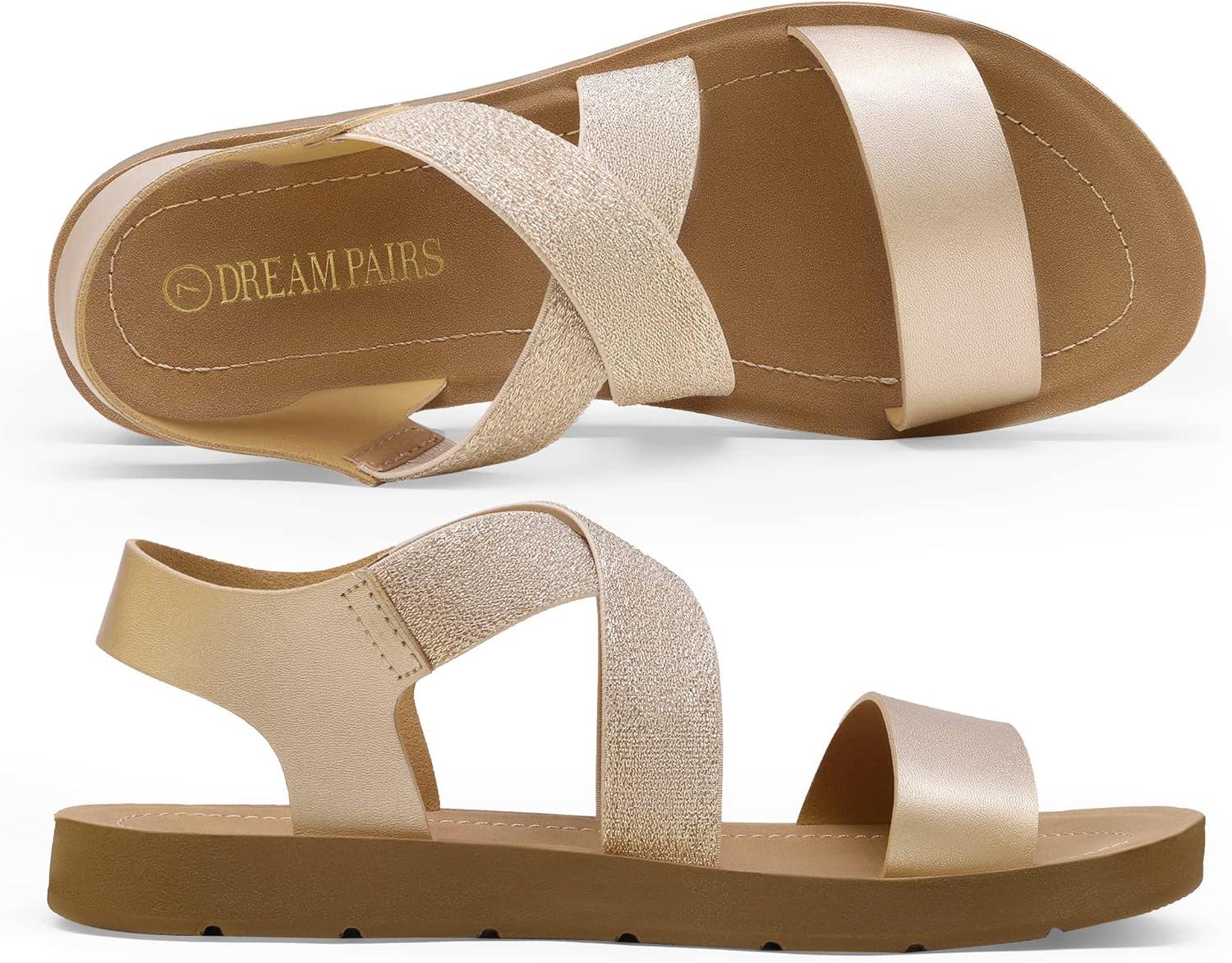 imageDREAM PAIRS Womens Open Toe Elastic Ankle Strap Flat Summer SandalsGold