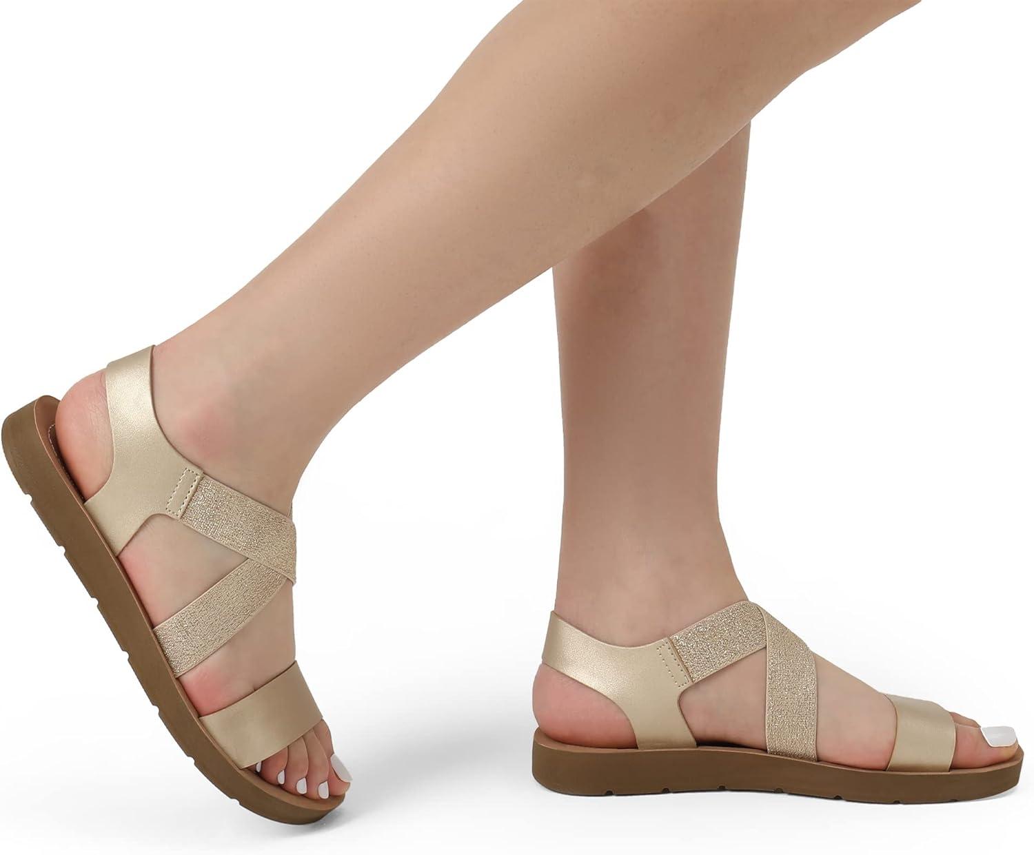 imageDREAM PAIRS Womens Open Toe Elastic Ankle Strap Flat Summer SandalsGold