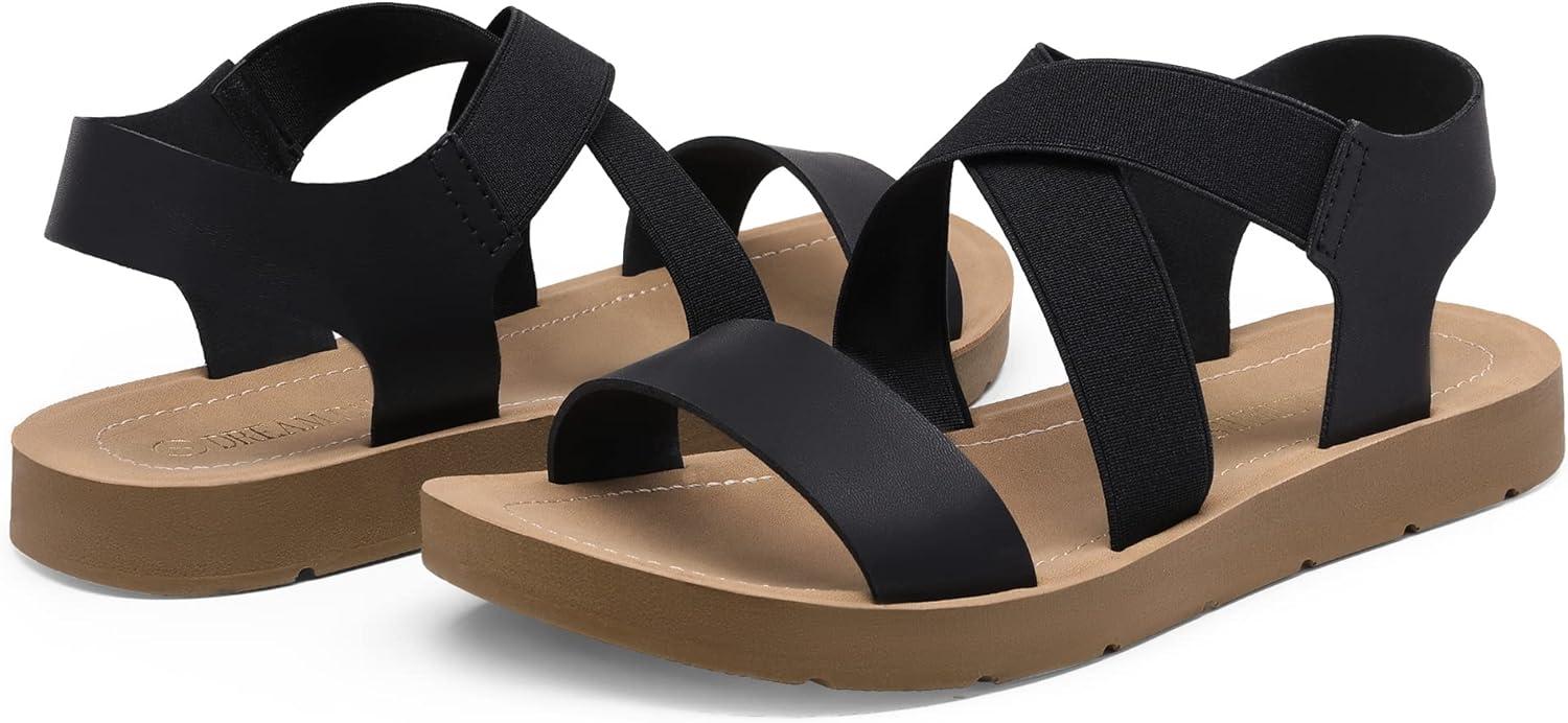 imageDREAM PAIRS Womens Open Toe Elastic Ankle Strap Flat Summer SandalsSize 8BlackELENA2