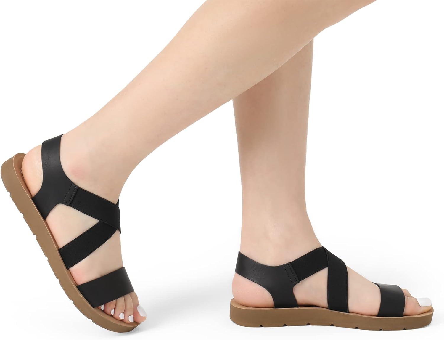 imageDREAM PAIRS Womens Open Toe Elastic Ankle Strap Flat Summer SandalsSize 8BlackELENA2