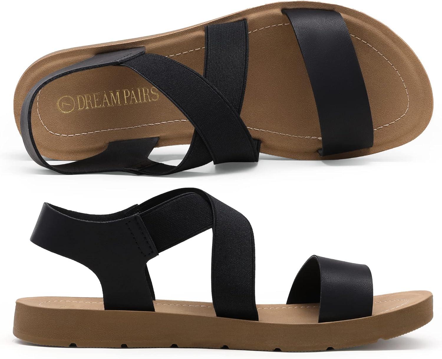 imageDREAM PAIRS Womens Open Toe Elastic Ankle Strap Flat Summer SandalsSize 8BlackELENA2