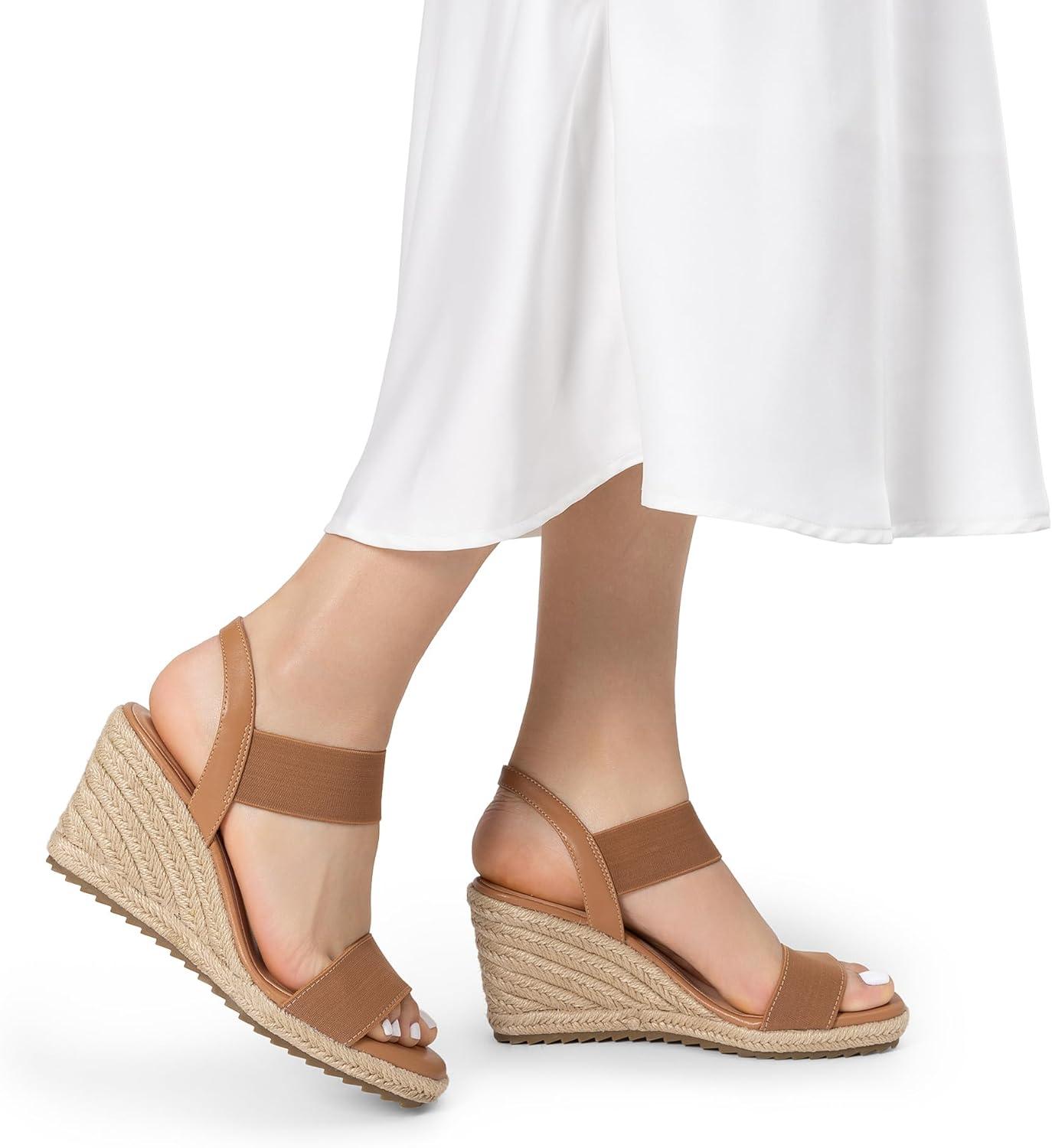 imageDREAM PAIRS Womens Open Toe Espadrilles Dressy Platform Sandals Slip on Elastic Ankle Strap Wedges SandalsCamel