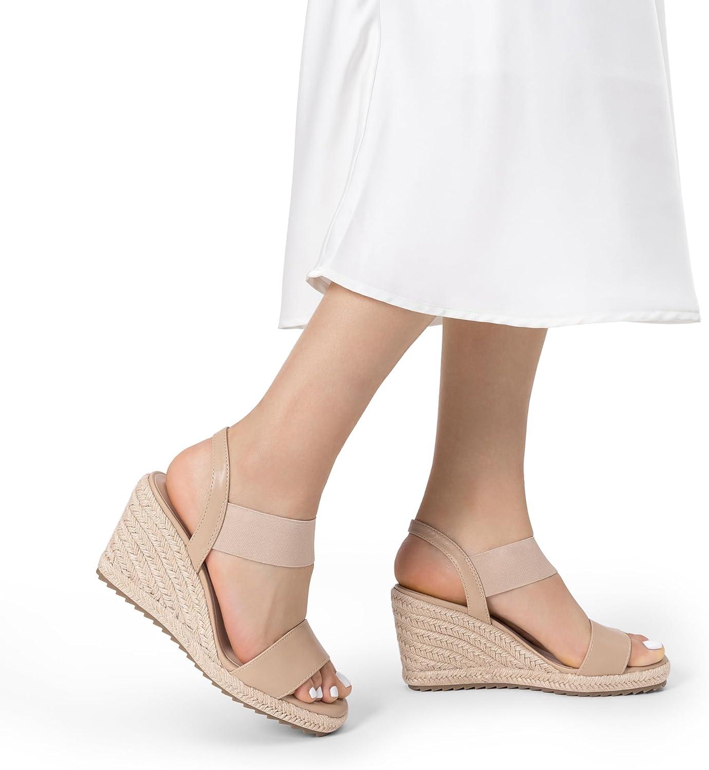 imageDREAM PAIRS Womens Open Toe Espadrilles Dressy Platform Sandals Slip on Elastic Ankle Strap Wedges SandalsNudepu