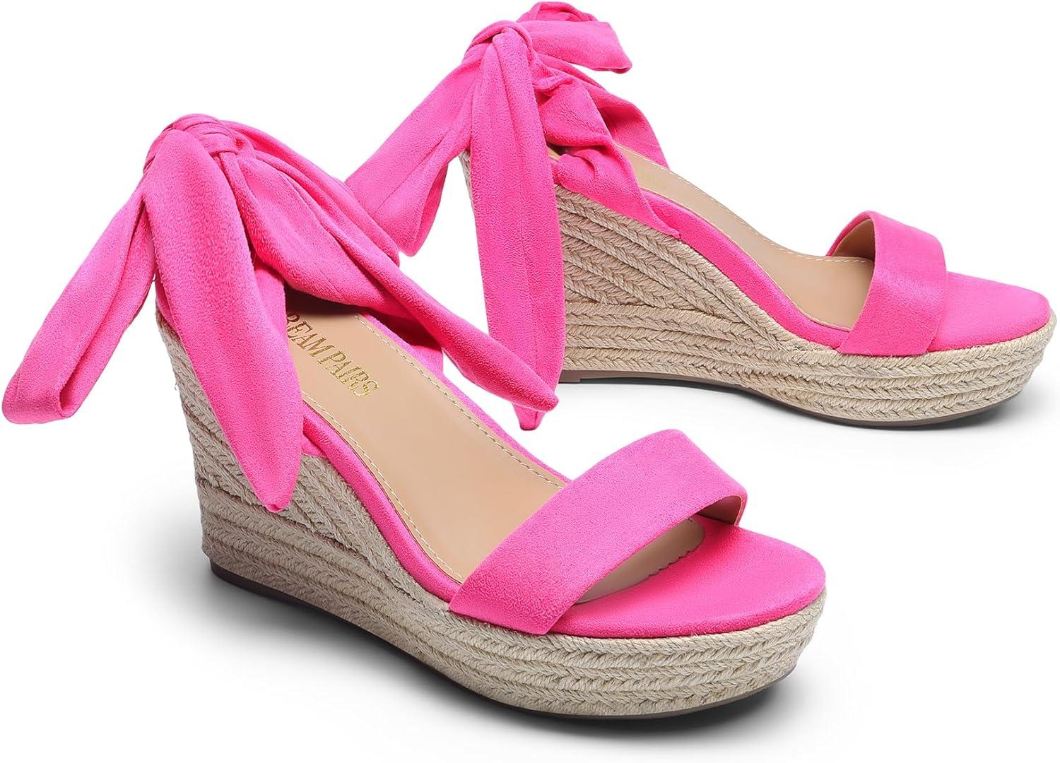 imageDREAM PAIRS Womens Open Toe Espadrilles Wedges Tie Lace Up Cute Ankle Strap Platform Sandals Dressy ShoesHot Pinksuede