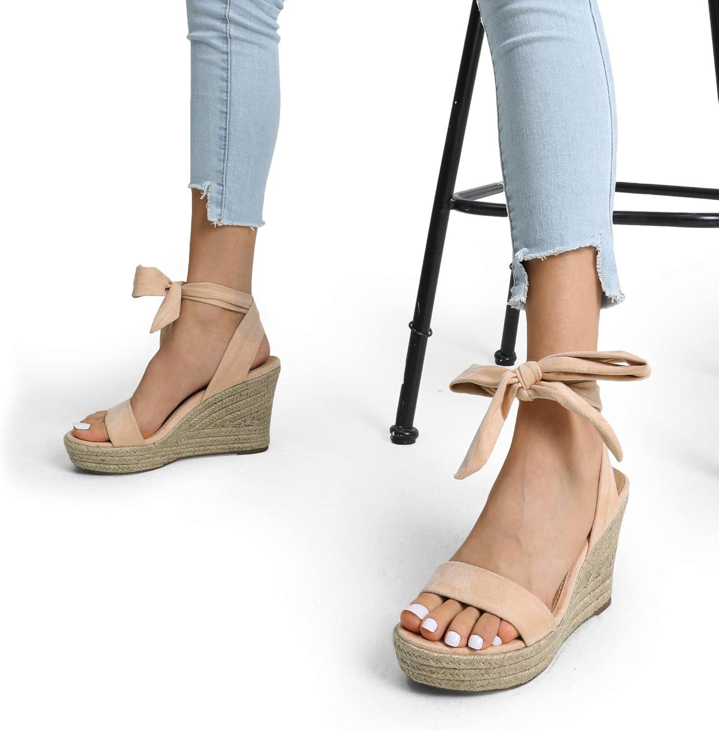 imageDREAM PAIRS Womens Open Toe Espadrilles Wedges Tie Lace Up Cute Ankle Strap Platform Sandals Dressy ShoesNude
