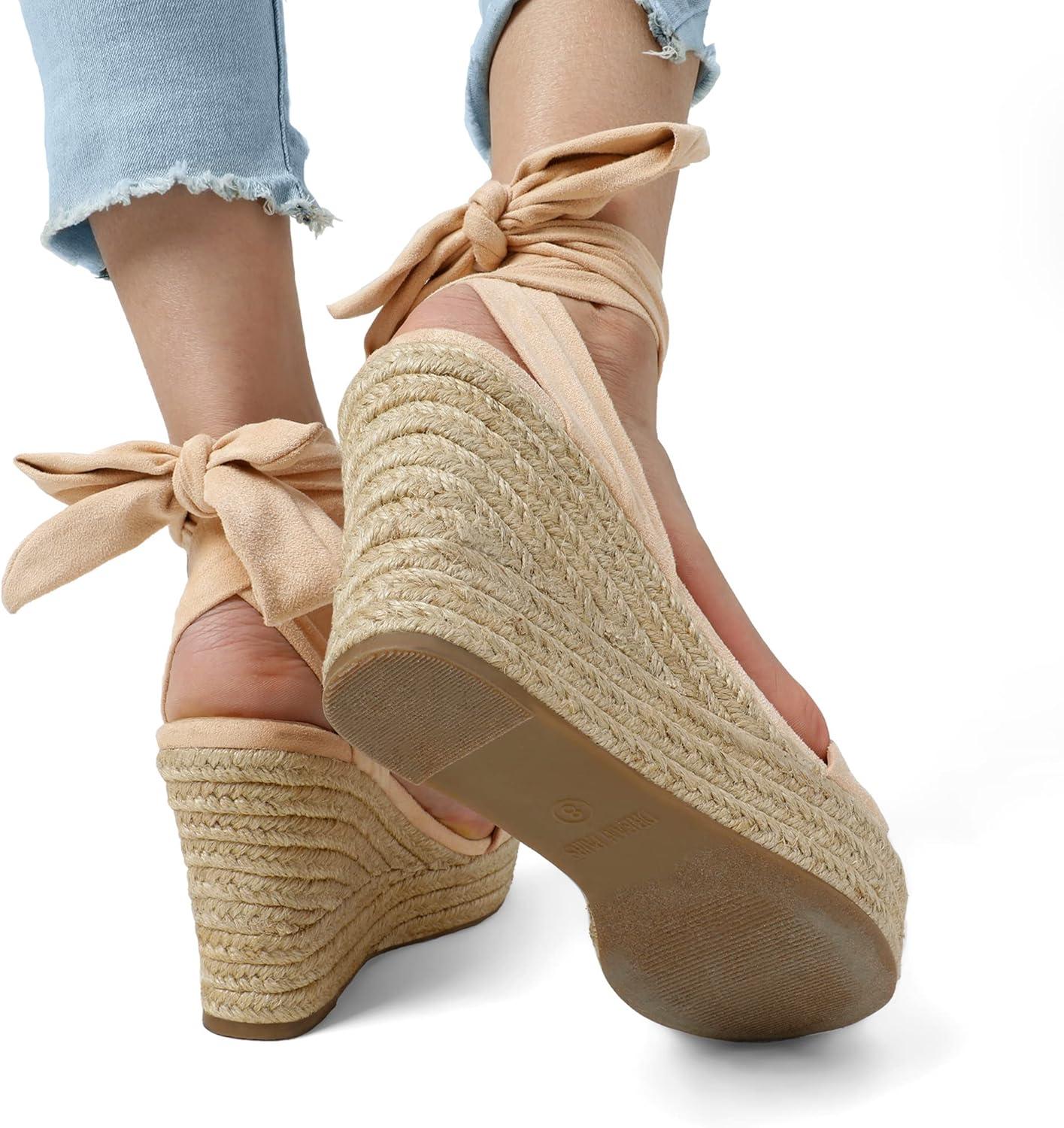 imageDREAM PAIRS Womens Open Toe Espadrilles Wedges Tie Lace Up Cute Ankle Strap Platform Sandals Dressy ShoesNude