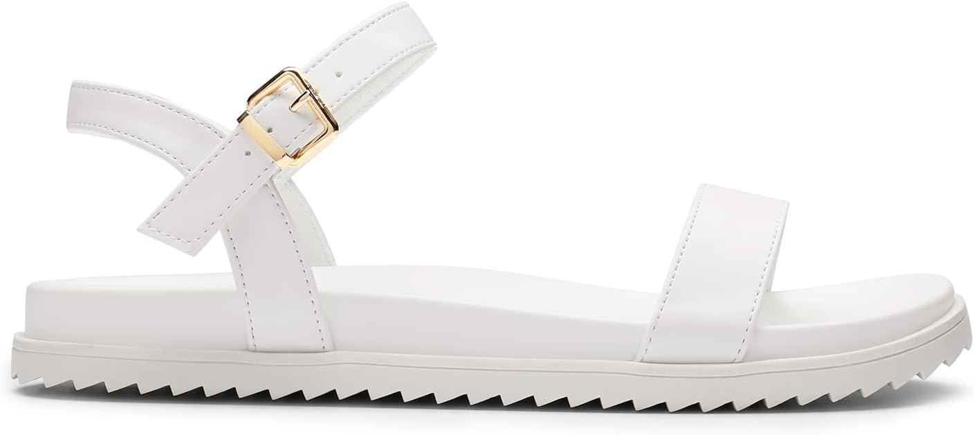 imageDREAM PAIRS Womens Open Toe Flat Sandals Cute One Band Comfort Arch Support SandalsWhite