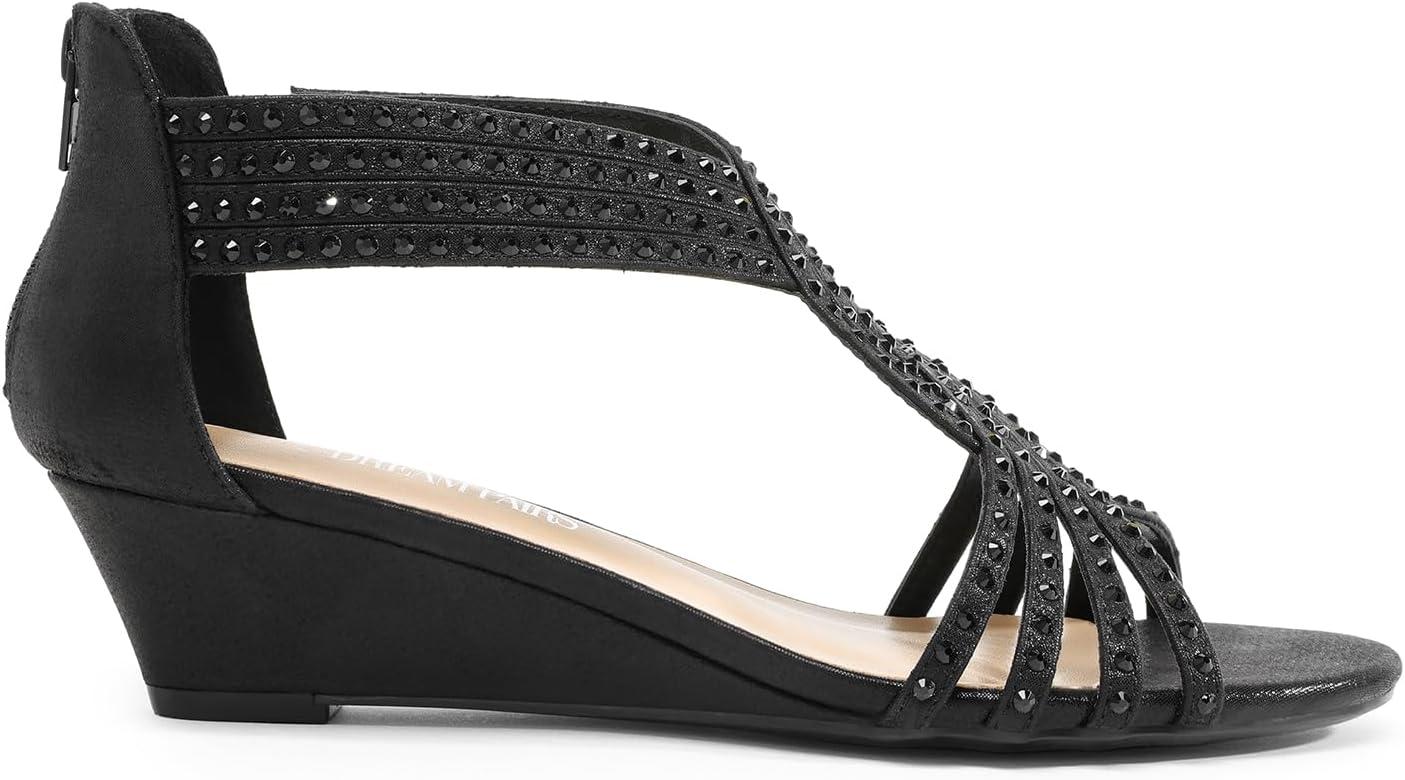 imageDREAM PAIRS Womens Open Toe Low Wedges Sandals Rhinestone Strappy Zipper Dress Shoes Summer Wedding Party Travel ShoesBlack