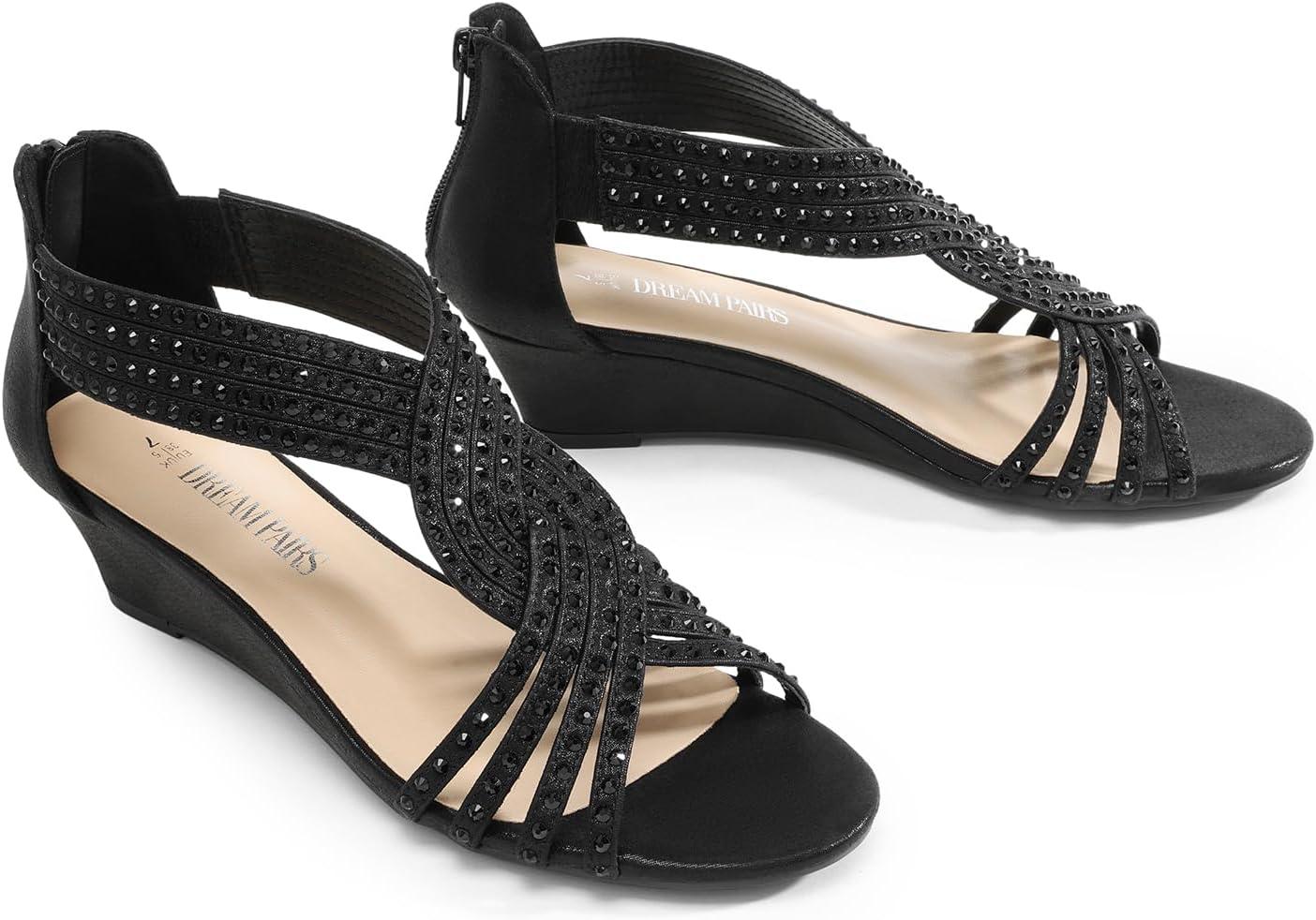imageDREAM PAIRS Womens Open Toe Low Wedges Sandals Rhinestone Strappy Zipper Dress Shoes Summer Wedding Party Travel ShoesBlack