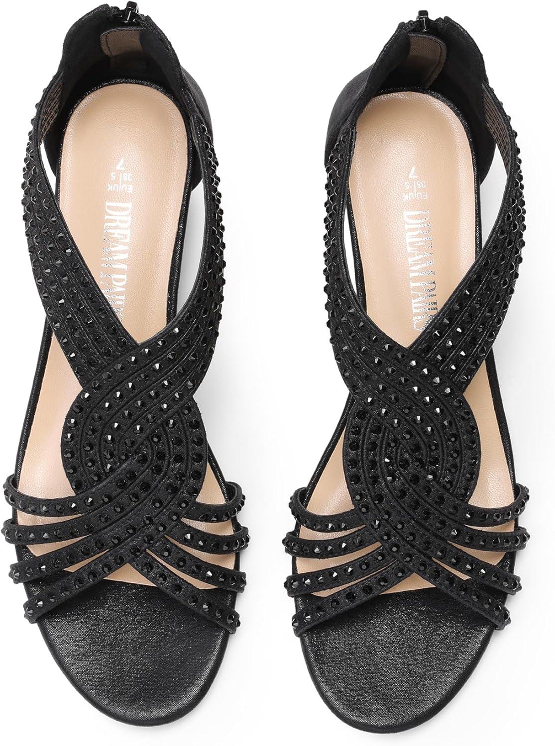imageDREAM PAIRS Womens Open Toe Low Wedges Sandals Rhinestone Strappy Zipper Dress Shoes Summer Wedding Party Travel ShoesBlack