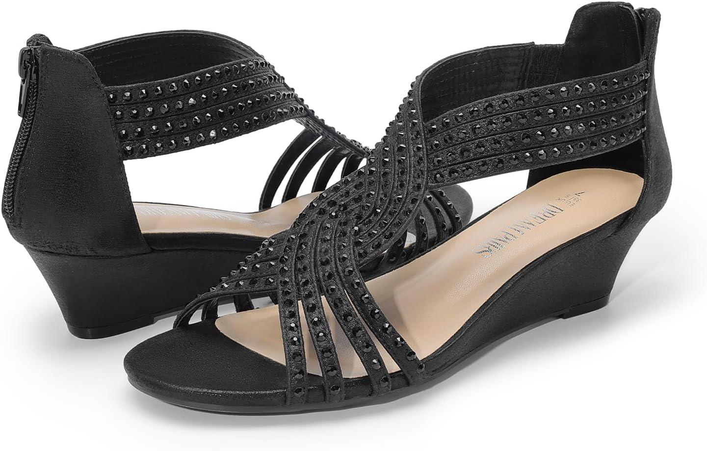 imageDREAM PAIRS Womens Open Toe Low Wedges Sandals Rhinestone Strappy Zipper Dress Shoes Summer Wedding Party Travel ShoesBlack