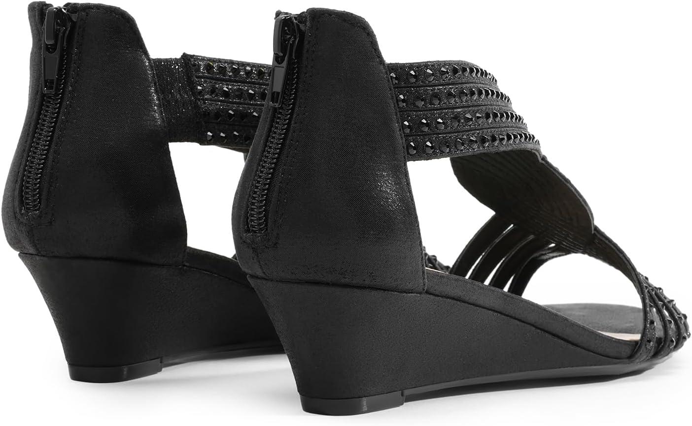 imageDREAM PAIRS Womens Open Toe Low Wedges Sandals Rhinestone Strappy Zipper Dress Shoes Summer Wedding Party Travel ShoesBlack