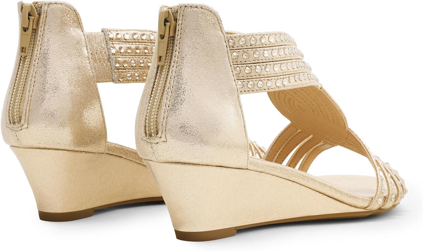 imageDREAM PAIRS Womens Open Toe Low Wedges Sandals Rhinestone Strappy Zipper Dress Shoes Summer Wedding Party Travel ShoesGold