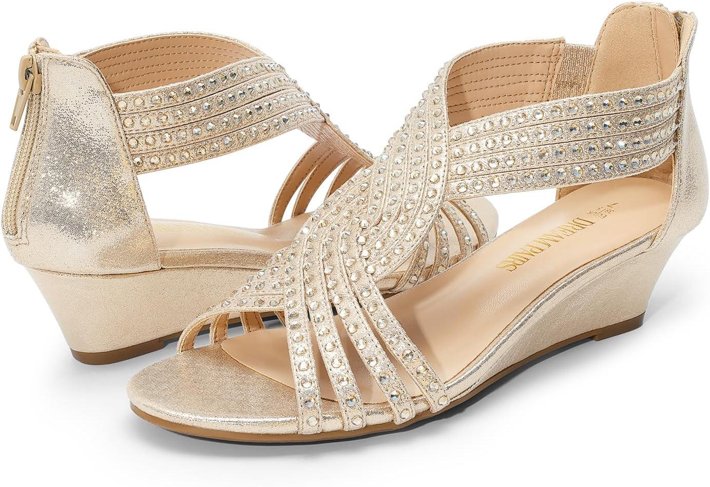 imageDREAM PAIRS Womens Open Toe Low Wedges Sandals Rhinestone Strappy Zipper Dress Shoes Summer Wedding Party Travel ShoesGold