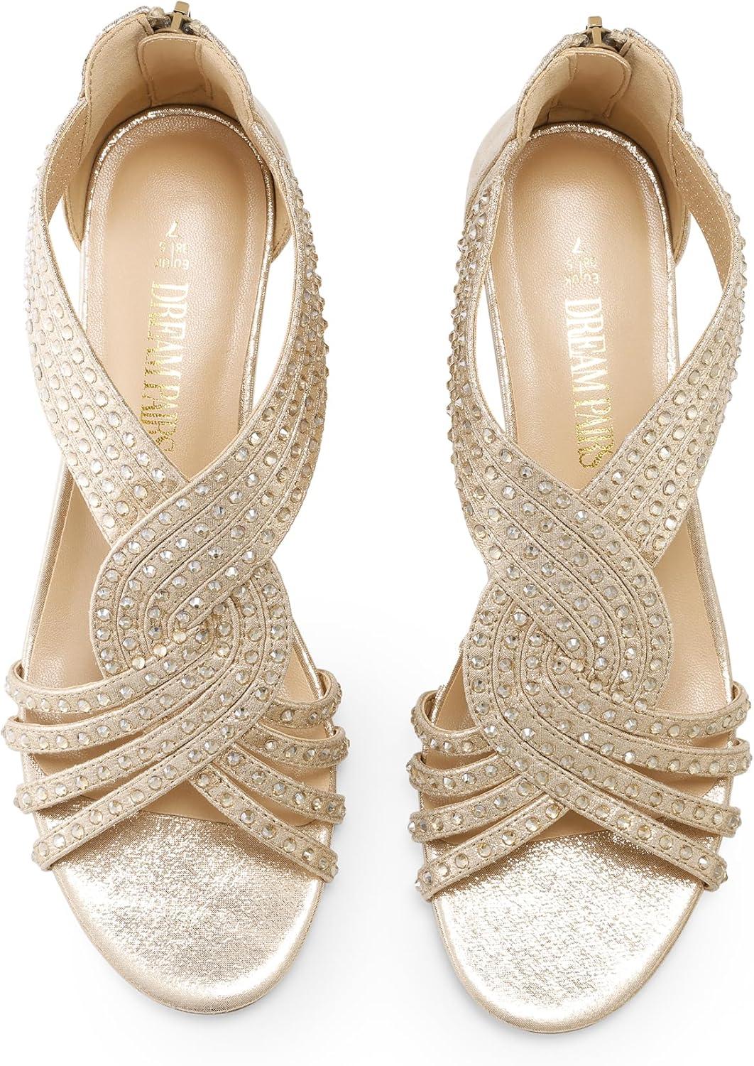 imageDREAM PAIRS Womens Open Toe Low Wedges Sandals Rhinestone Strappy Zipper Dress Shoes Summer Wedding Party Travel ShoesGold