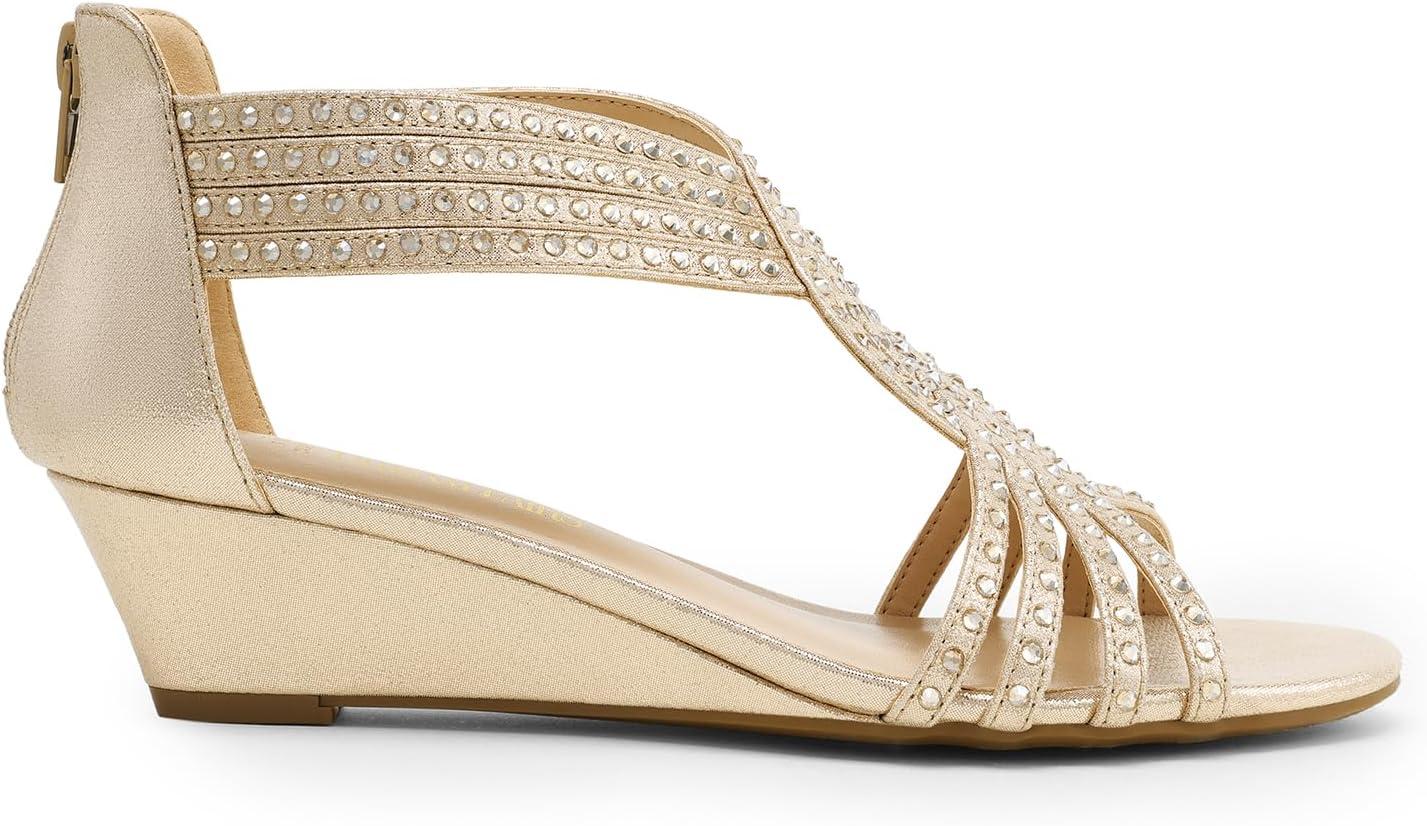 imageDREAM PAIRS Womens Open Toe Low Wedges Sandals Rhinestone Strappy Zipper Dress Shoes Summer Wedding Party Travel ShoesGold