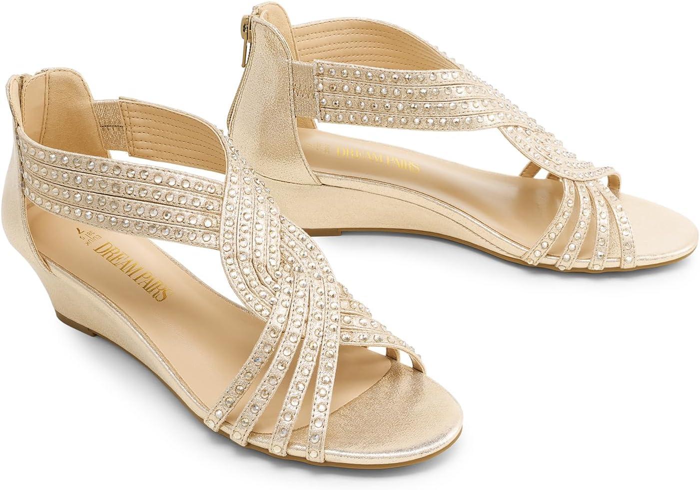 imageDREAM PAIRS Womens Open Toe Low Wedges Sandals Rhinestone Strappy Zipper Dress Shoes Summer Wedding Party Travel ShoesGold