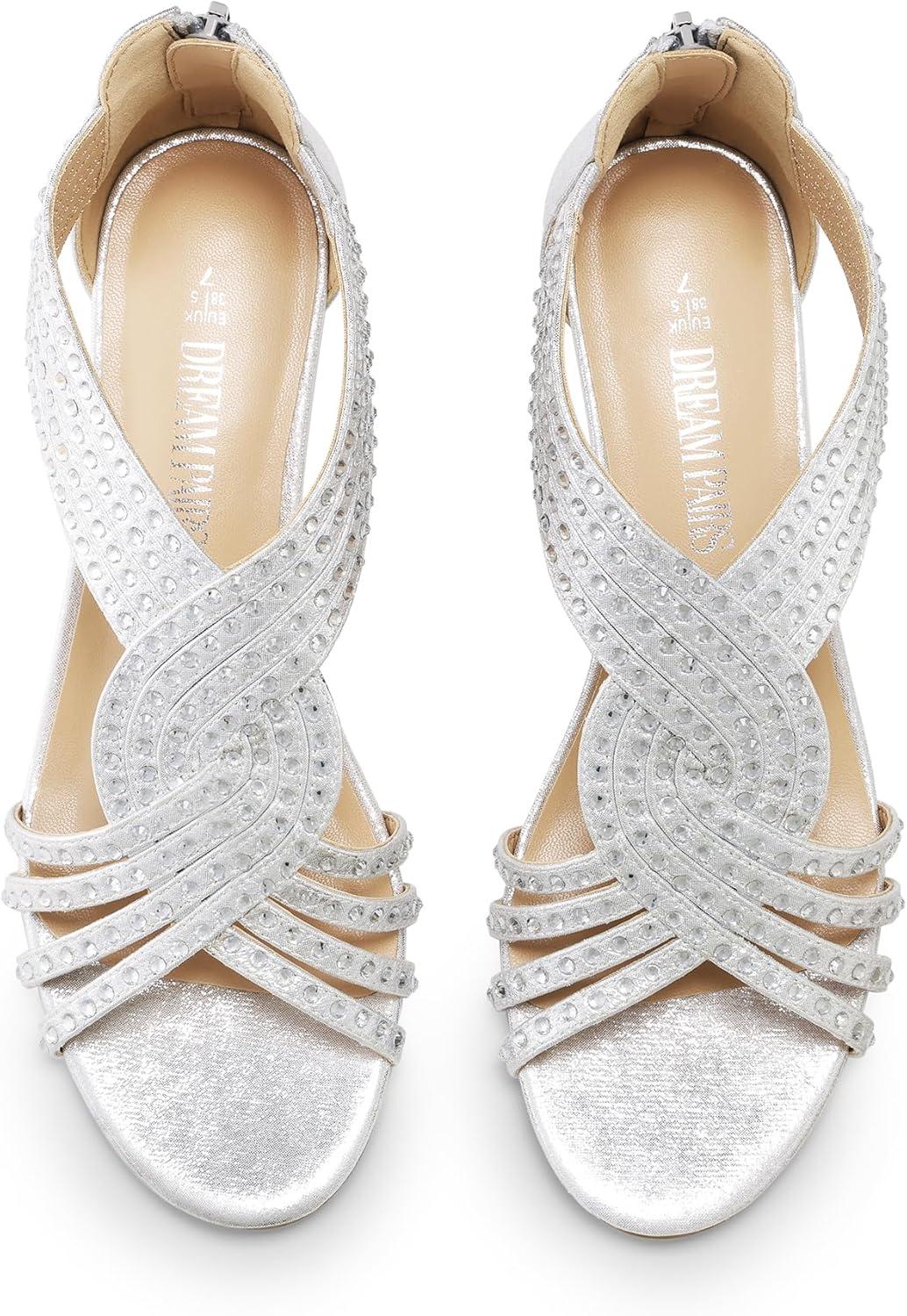 imageDREAM PAIRS Womens Open Toe Low Wedges Sandals Rhinestone Strappy Zipper Dress Shoes Summer Wedding Party Travel ShoesSilver