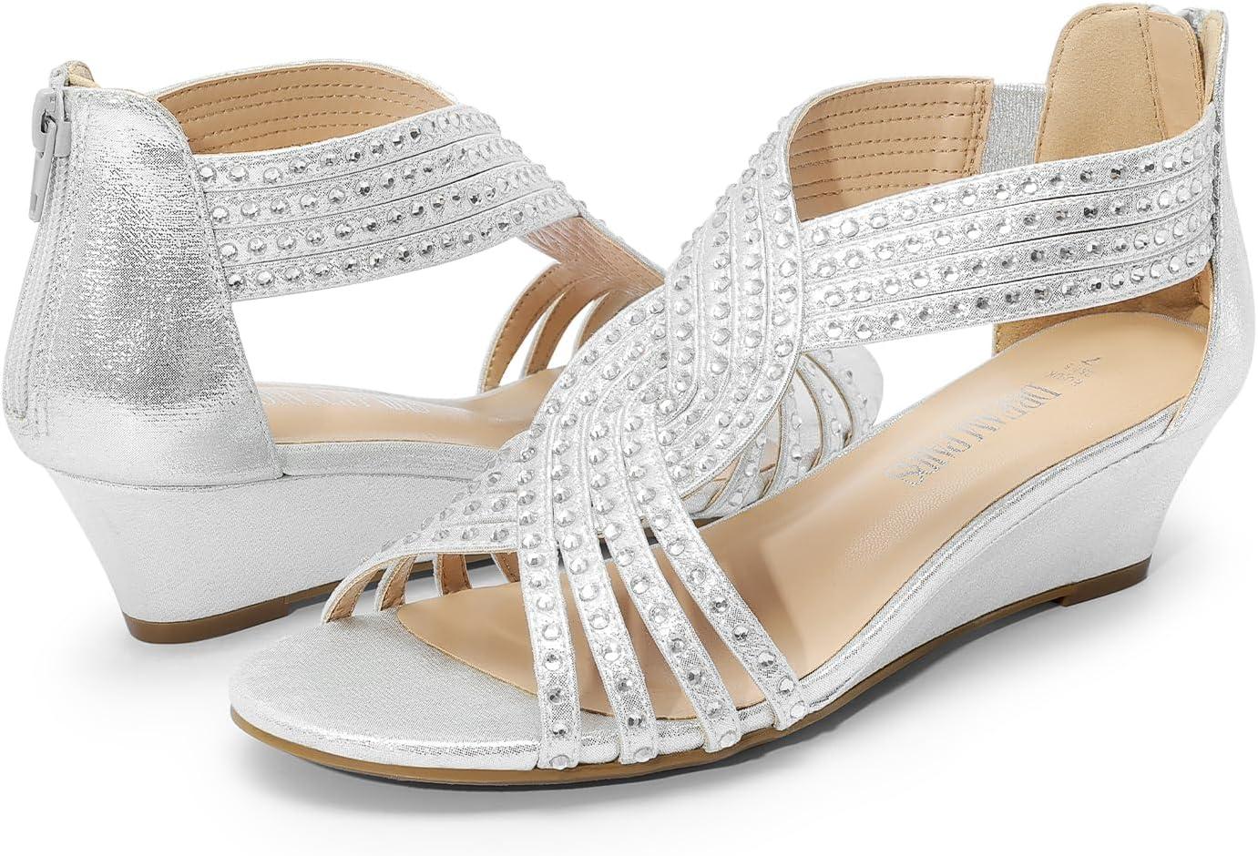 imageDREAM PAIRS Womens Open Toe Low Wedges Sandals Rhinestone Strappy Zipper Dress Shoes Summer Wedding Party Travel ShoesSilver