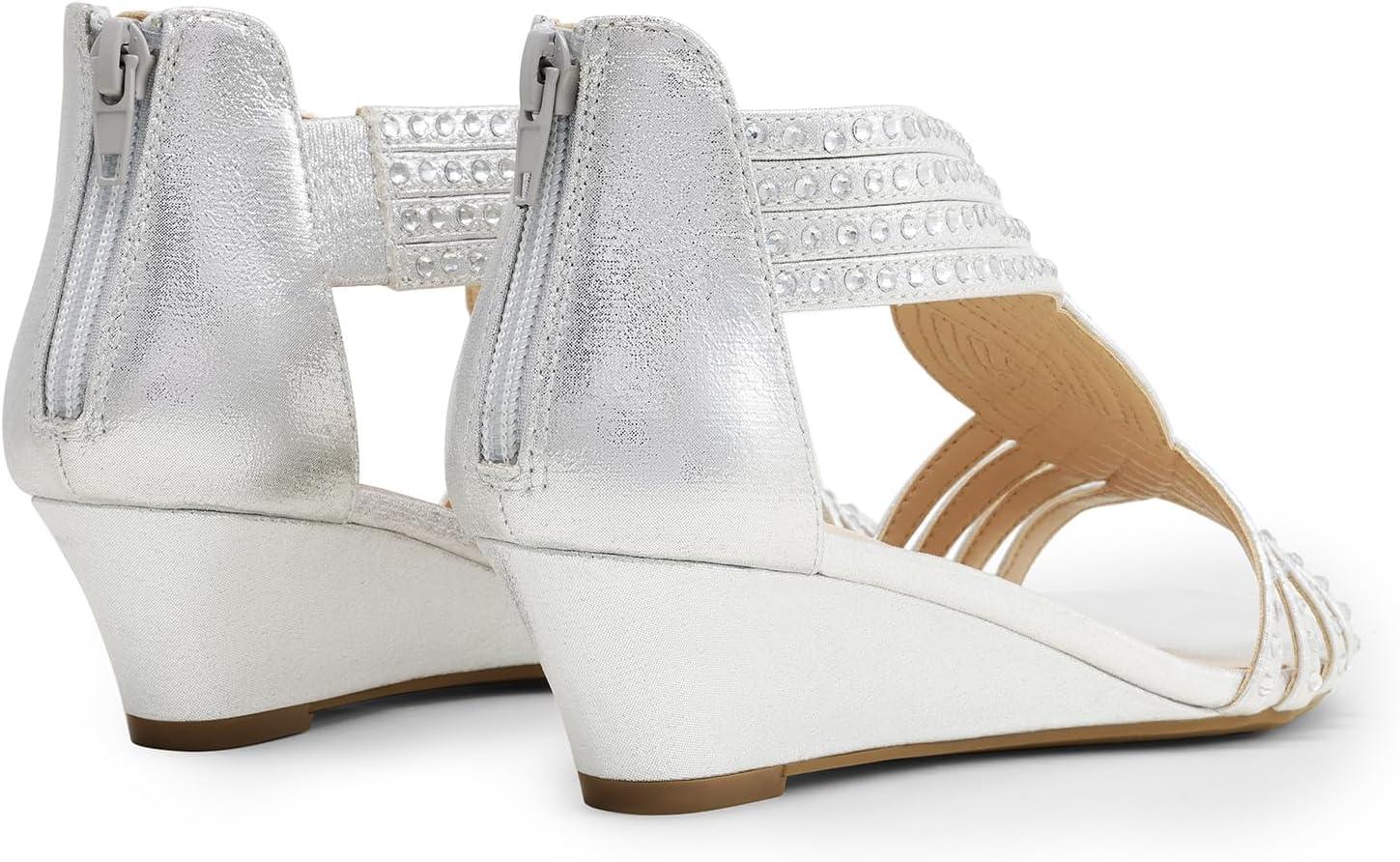 imageDREAM PAIRS Womens Open Toe Low Wedges Sandals Rhinestone Strappy Zipper Dress Shoes Summer Wedding Party Travel ShoesSilver