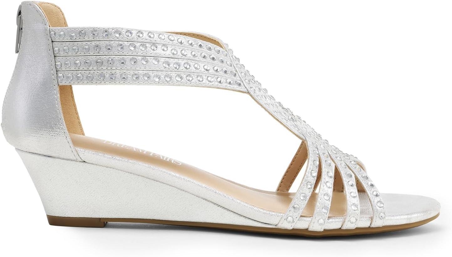 imageDREAM PAIRS Womens Open Toe Low Wedges Sandals Rhinestone Strappy Zipper Dress Shoes Summer Wedding Party Travel ShoesSilver