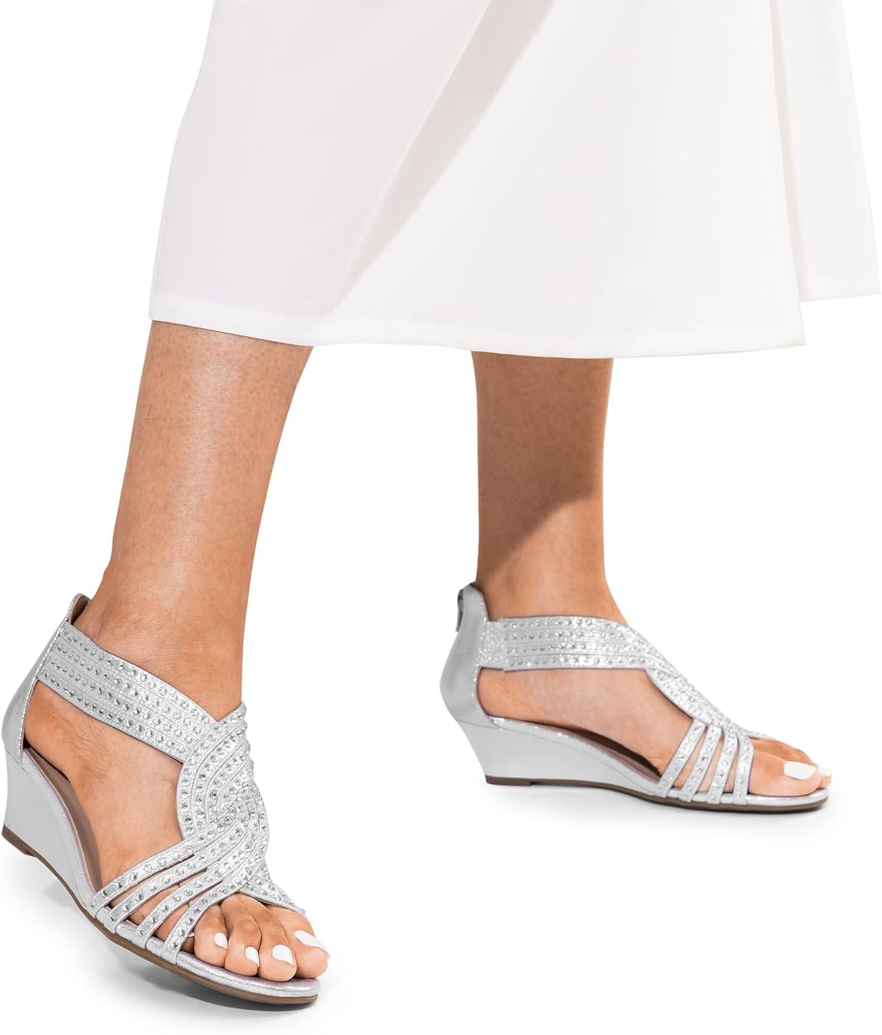imageDREAM PAIRS Womens Open Toe Low Wedges Sandals Rhinestone Strappy Zipper Dress Shoes Summer Wedding Party Travel ShoesSilver