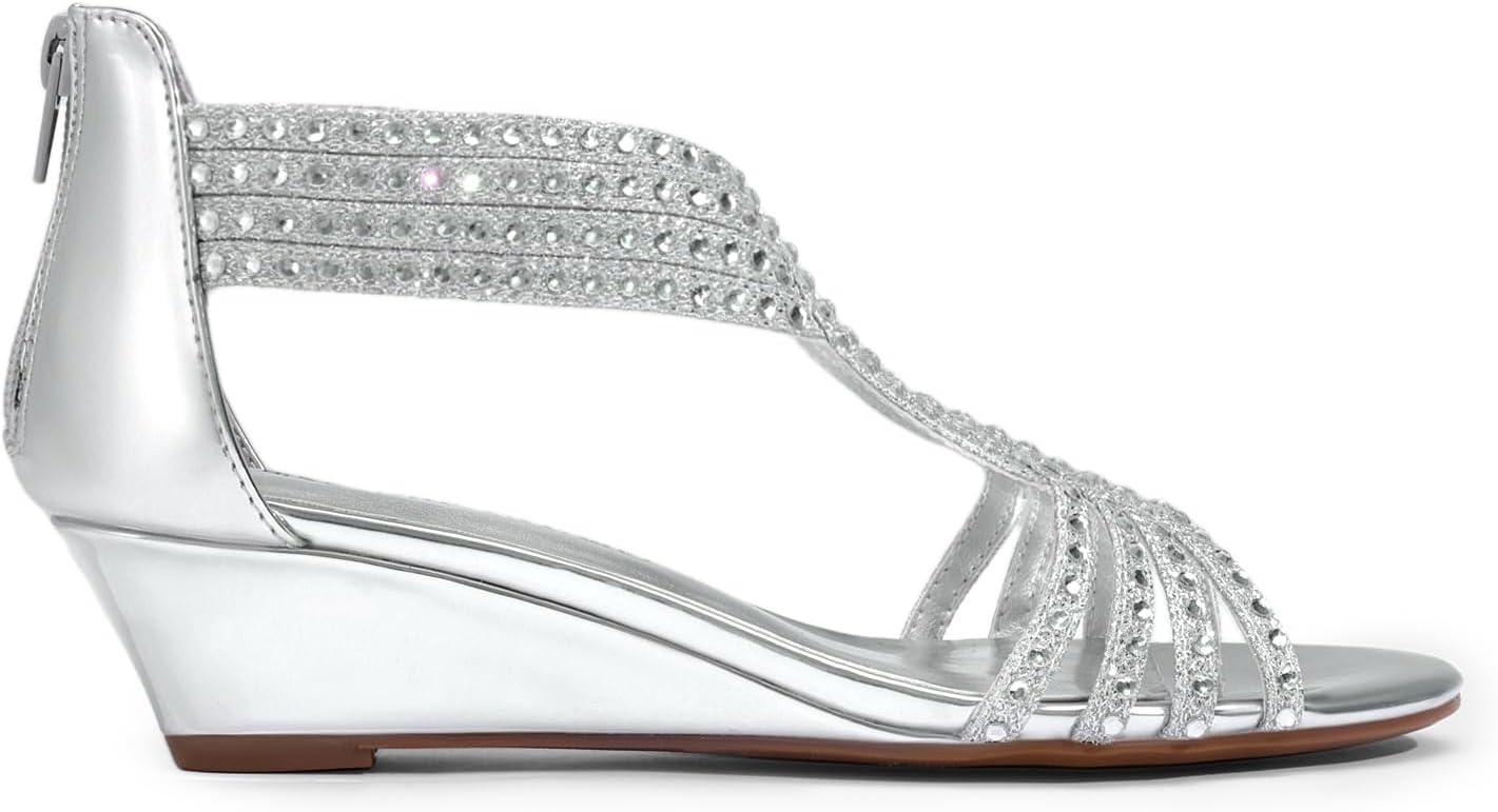 imageDREAM PAIRS Womens Open Toe Low Wedges Sandals Rhinestone Strappy Zipper Dress Shoes Summer Wedding Party Travel ShoesSilverpat