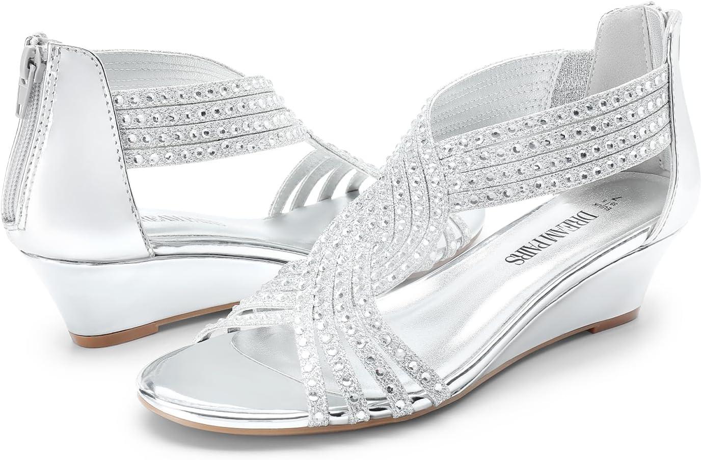 imageDREAM PAIRS Womens Open Toe Low Wedges Sandals Rhinestone Strappy Zipper Dress Shoes Summer Wedding Party Travel ShoesSilverpat