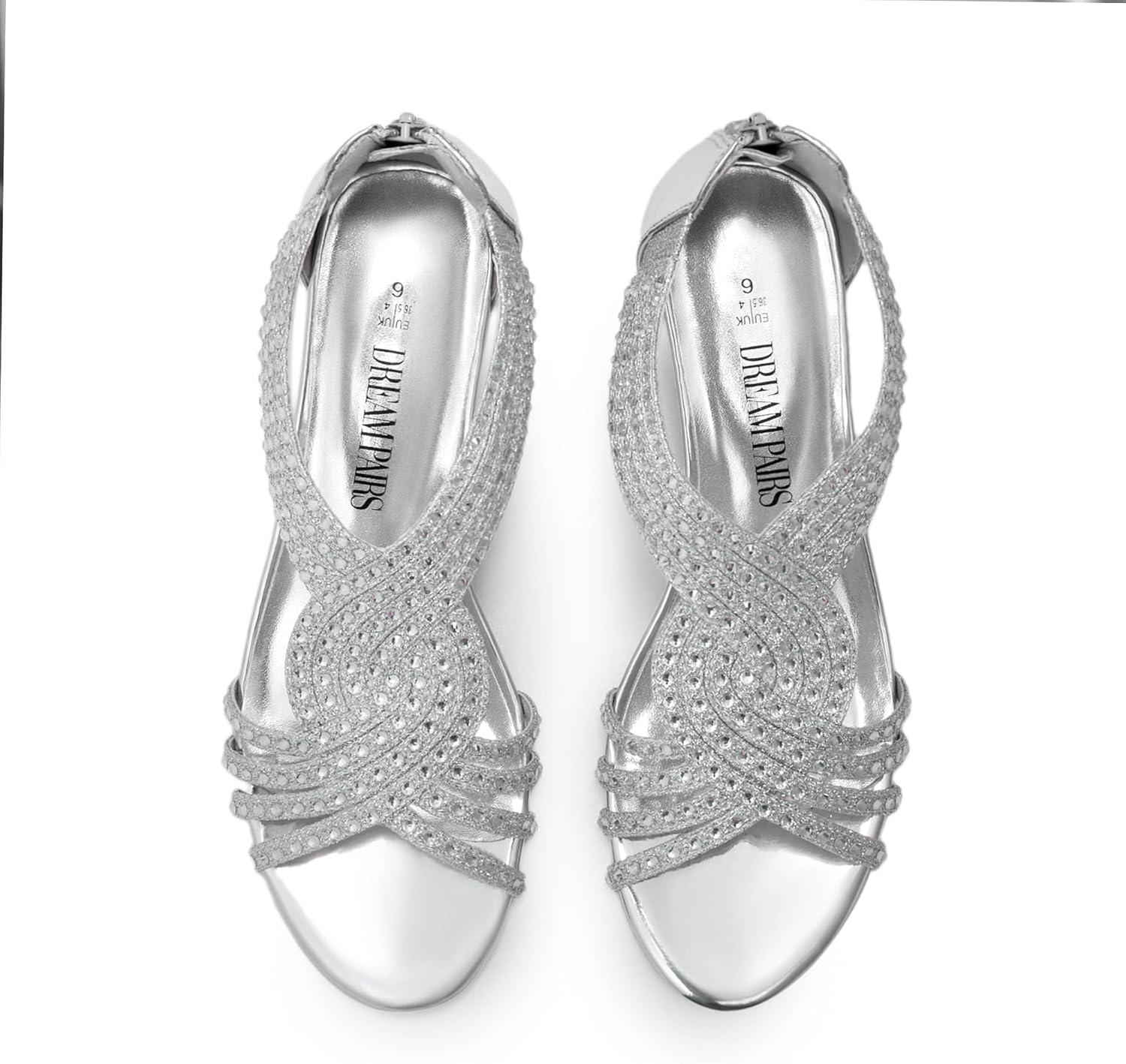 imageDREAM PAIRS Womens Open Toe Low Wedges Sandals Rhinestone Strappy Zipper Dress Shoes Summer Wedding Party Travel ShoesSilverpat