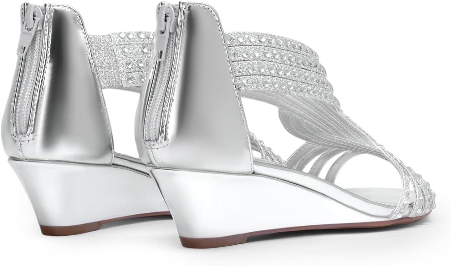 imageDREAM PAIRS Womens Open Toe Low Wedges Sandals Rhinestone Strappy Zipper Dress Shoes Summer Wedding Party Travel ShoesSilverpat