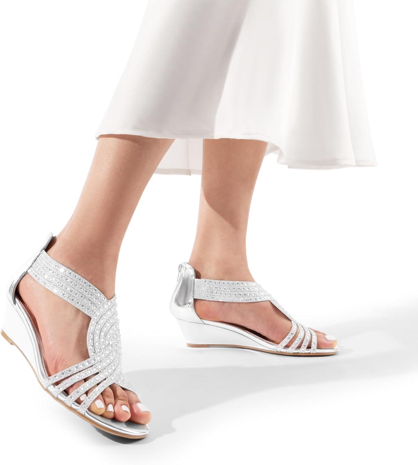imageDREAM PAIRS Womens Open Toe Low Wedges Sandals Rhinestone Strappy Zipper Dress Shoes Summer Wedding Party Travel ShoesSilverpat