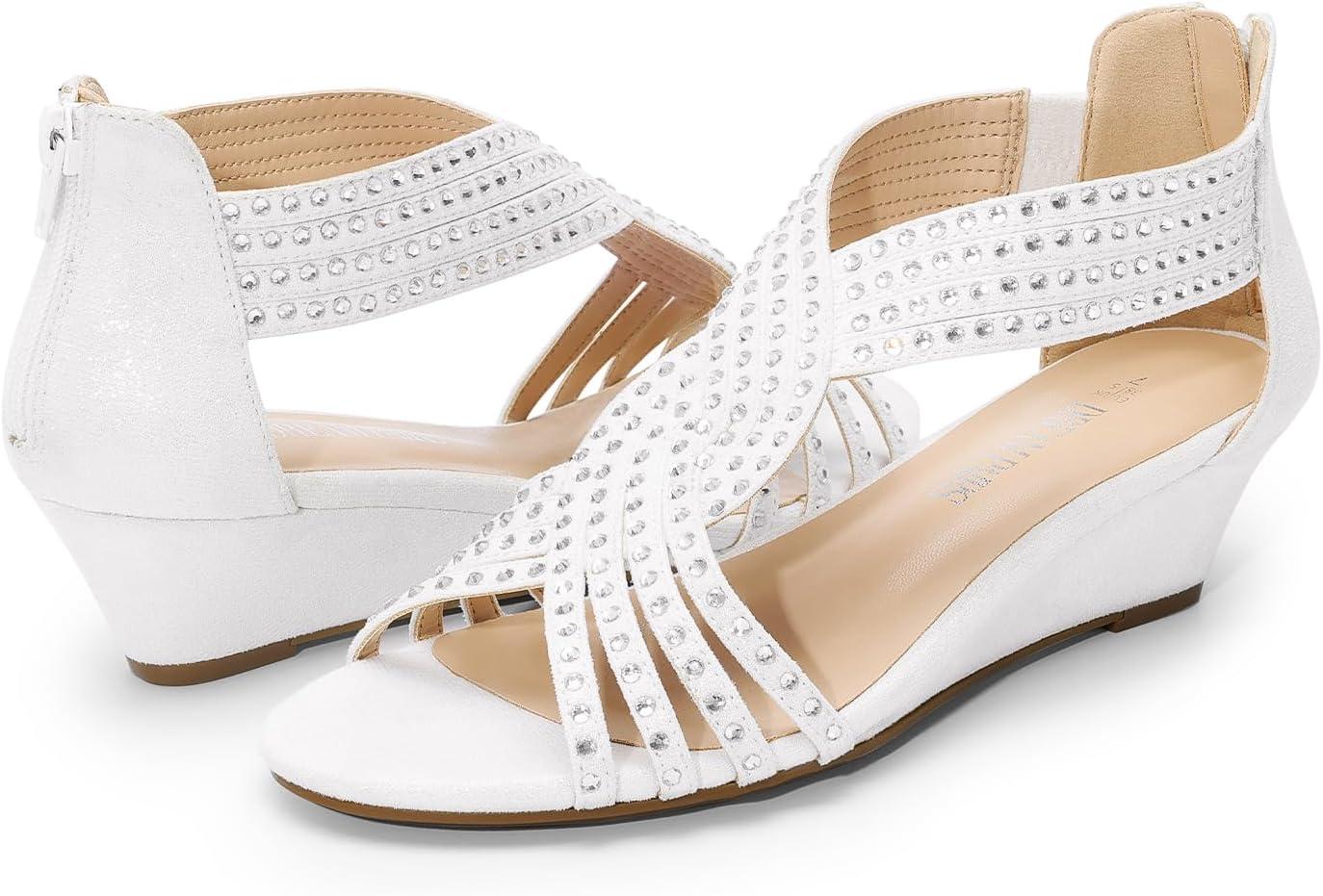 imageDREAM PAIRS Womens Open Toe Low Wedges Sandals Rhinestone Strappy Zipper Dress Shoes Summer Wedding Party Travel ShoesWhite
