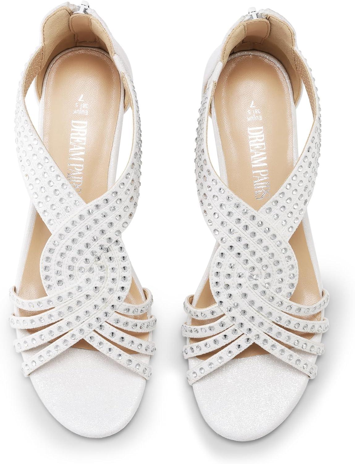 imageDREAM PAIRS Womens Open Toe Low Wedges Sandals Rhinestone Strappy Zipper Dress Shoes Summer Wedding Party Travel ShoesWhite