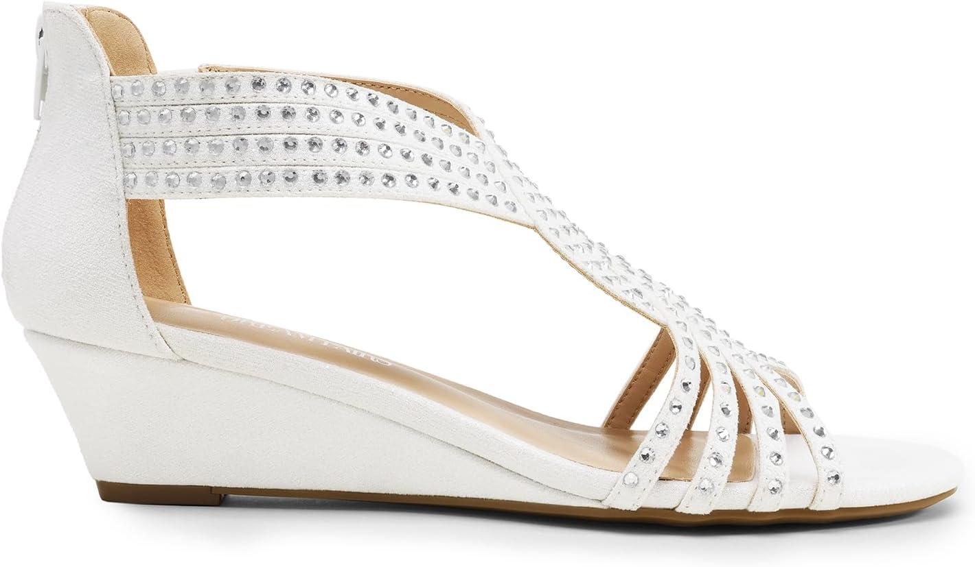 imageDREAM PAIRS Womens Open Toe Low Wedges Sandals Rhinestone Strappy Zipper Dress Shoes Summer Wedding Party Travel ShoesWhite