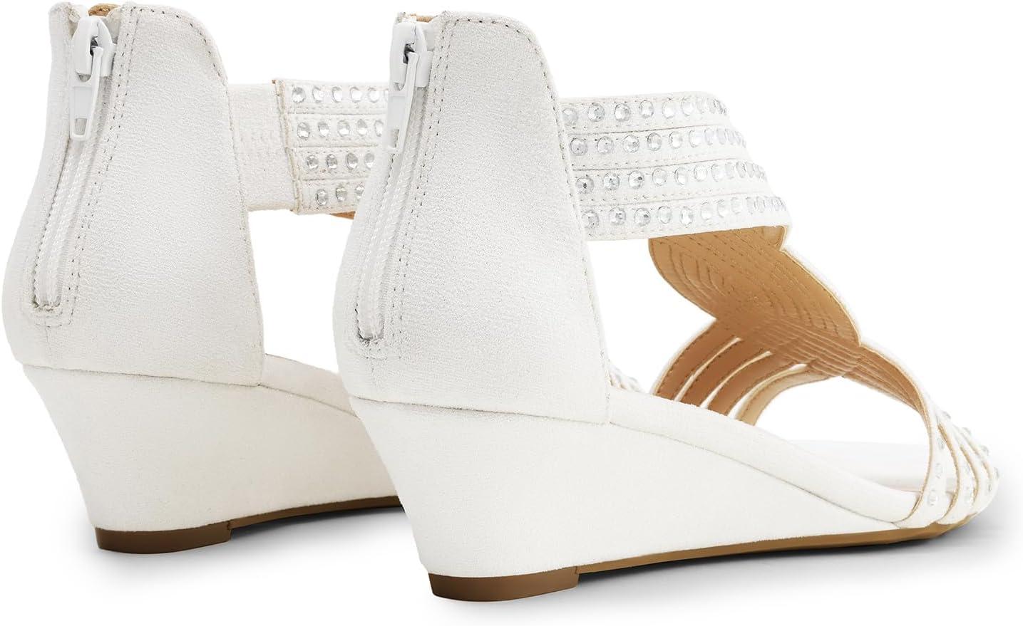 imageDREAM PAIRS Womens Open Toe Low Wedges Sandals Rhinestone Strappy Zipper Dress Shoes Summer Wedding Party Travel ShoesWhite