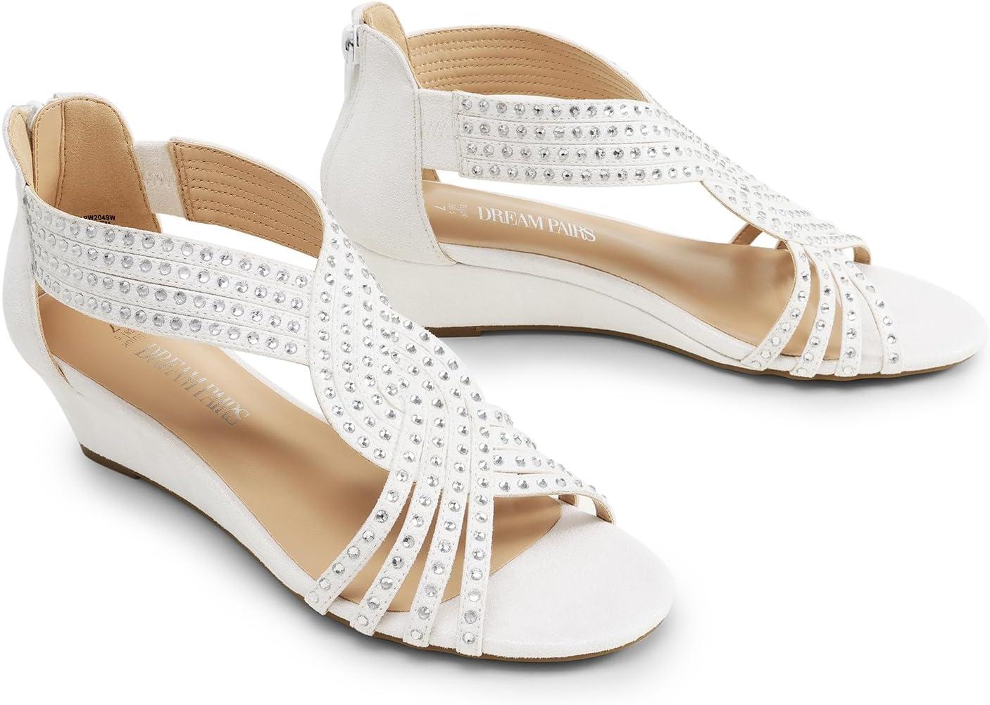 imageDREAM PAIRS Womens Open Toe Low Wedges Sandals Rhinestone Strappy Zipper Dress Shoes Summer Wedding Party Travel ShoesWhite