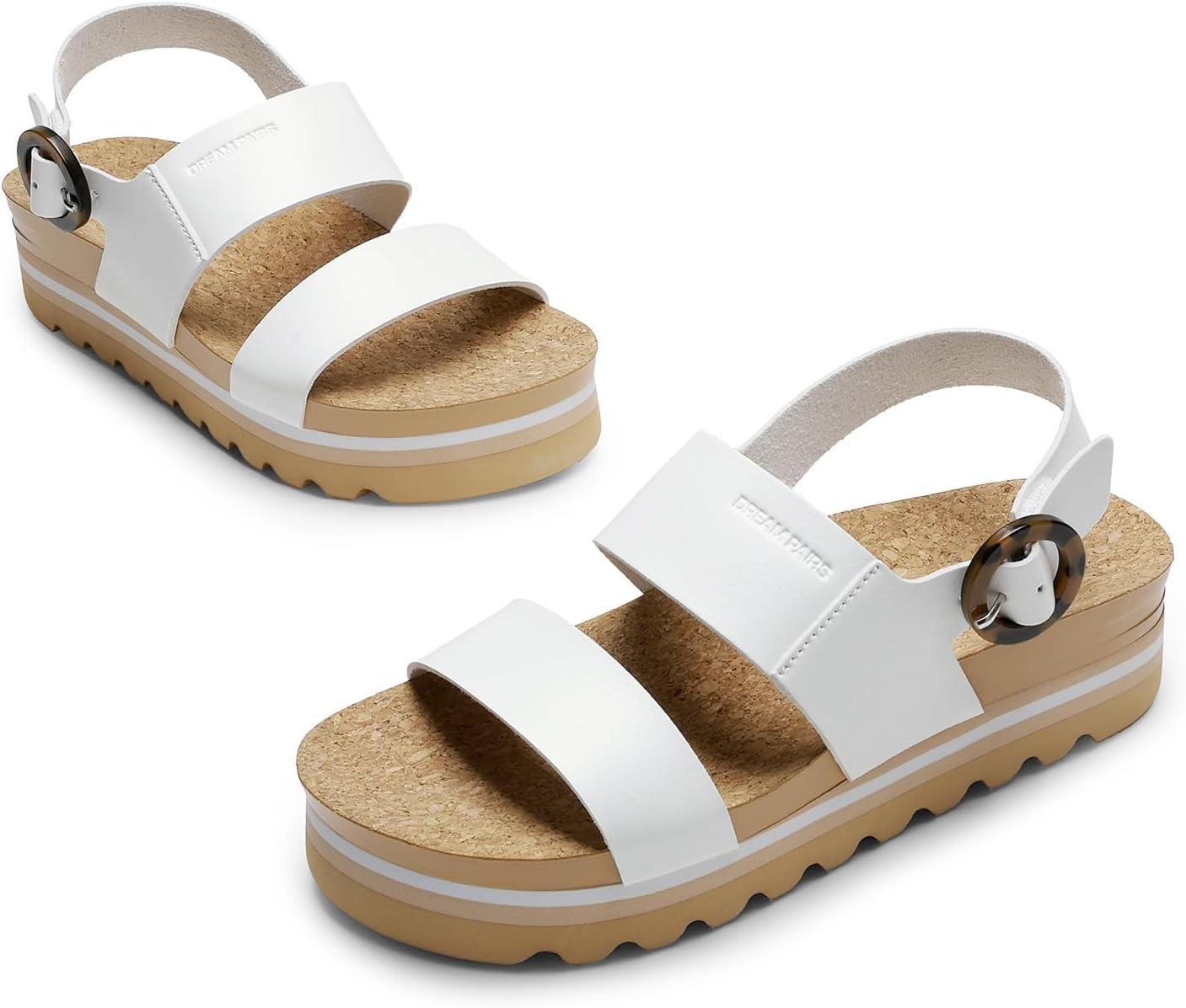 imageDREAM PAIRS Womens Orthopedic Arch Support Platform Sandals Comfortable Cork Insole Low Wedges Sandals Flatform Summer Dress Shoes Cute Buckle Wedges for BeachWhite
