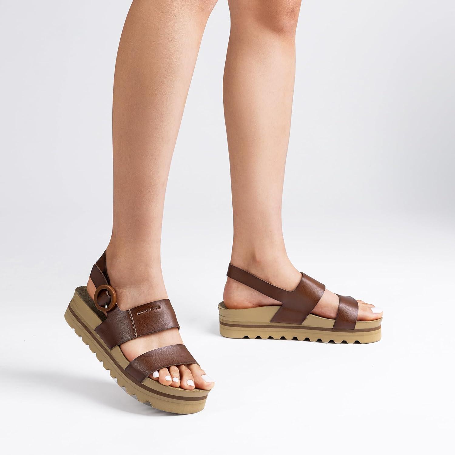 imageDREAM PAIRS Womens Orthopedic Arch Support Platform Sandals Comfortable Cork Insole Low Wedges Sandals Flatform Summer Dress Shoes Cute Buckle Wedges for BeachBrown