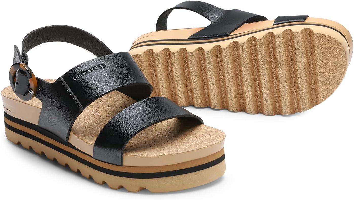 imageDREAM PAIRS Womens Orthopedic Arch Support Platform Sandals Comfortable Cork Insole Low Wedges Sandals Flatform Summer Dress Shoes Cute Buckle Wedges for BeachBlack
