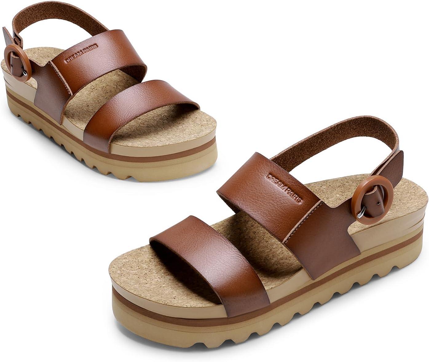 imageDREAM PAIRS Womens Orthopedic Arch Support Platform Sandals Comfortable Cork Insole Low Wedges Sandals Flatform Summer Dress Shoes Cute Buckle Wedges for BeachBrown