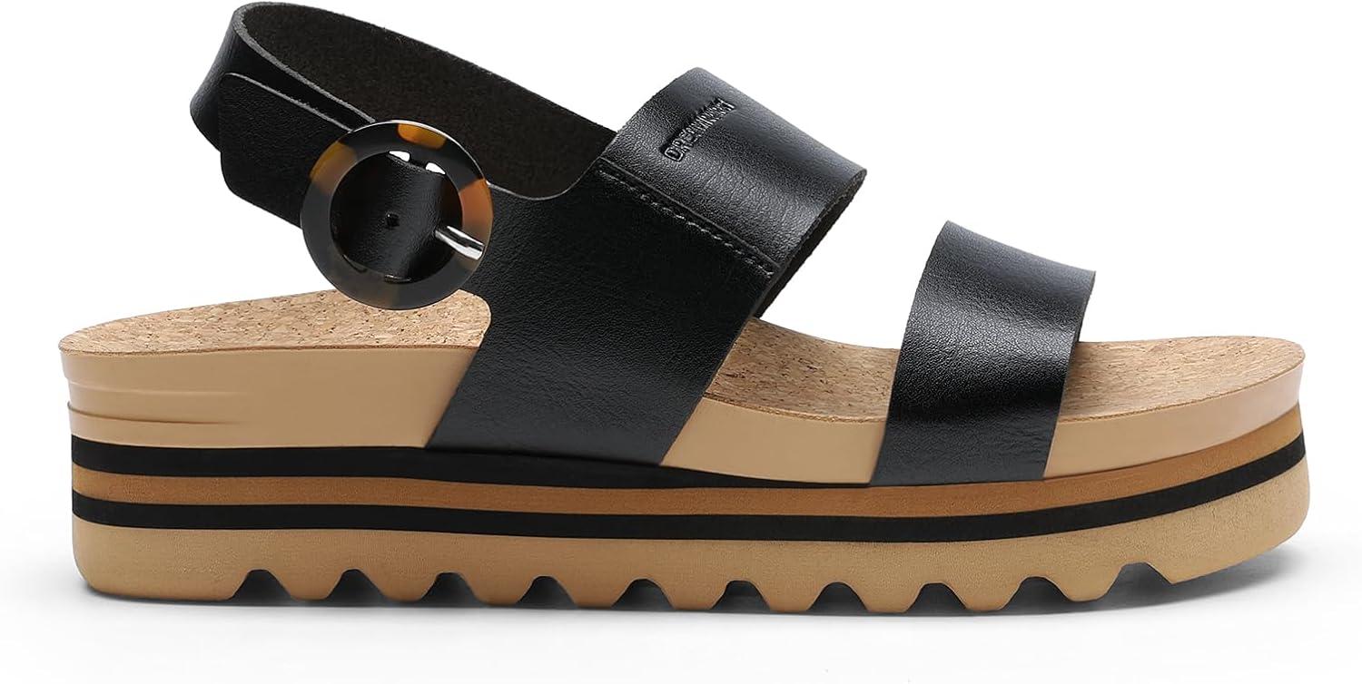 imageDREAM PAIRS Womens Orthopedic Arch Support Platform Sandals Comfortable Cork Insole Low Wedges Sandals Flatform Summer Dress Shoes Cute Buckle Wedges for BeachBlack