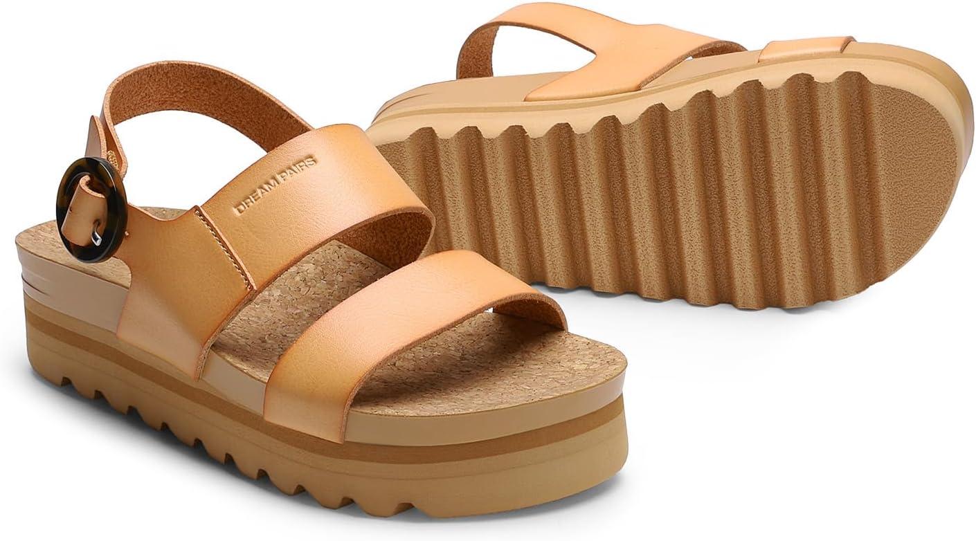 imageDREAM PAIRS Womens Orthopedic Arch Support Platform Sandals Comfortable Cork Insole Low Wedges Sandals Flatform Summer Dress Shoes Cute Buckle Wedges for BeachNatural