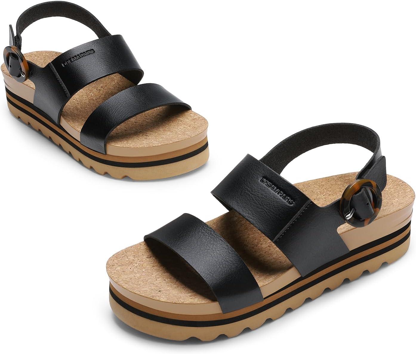 imageDREAM PAIRS Womens Orthopedic Arch Support Platform Sandals Comfortable Cork Insole Low Wedges Sandals Flatform Summer Dress Shoes Cute Buckle Wedges for BeachBlack
